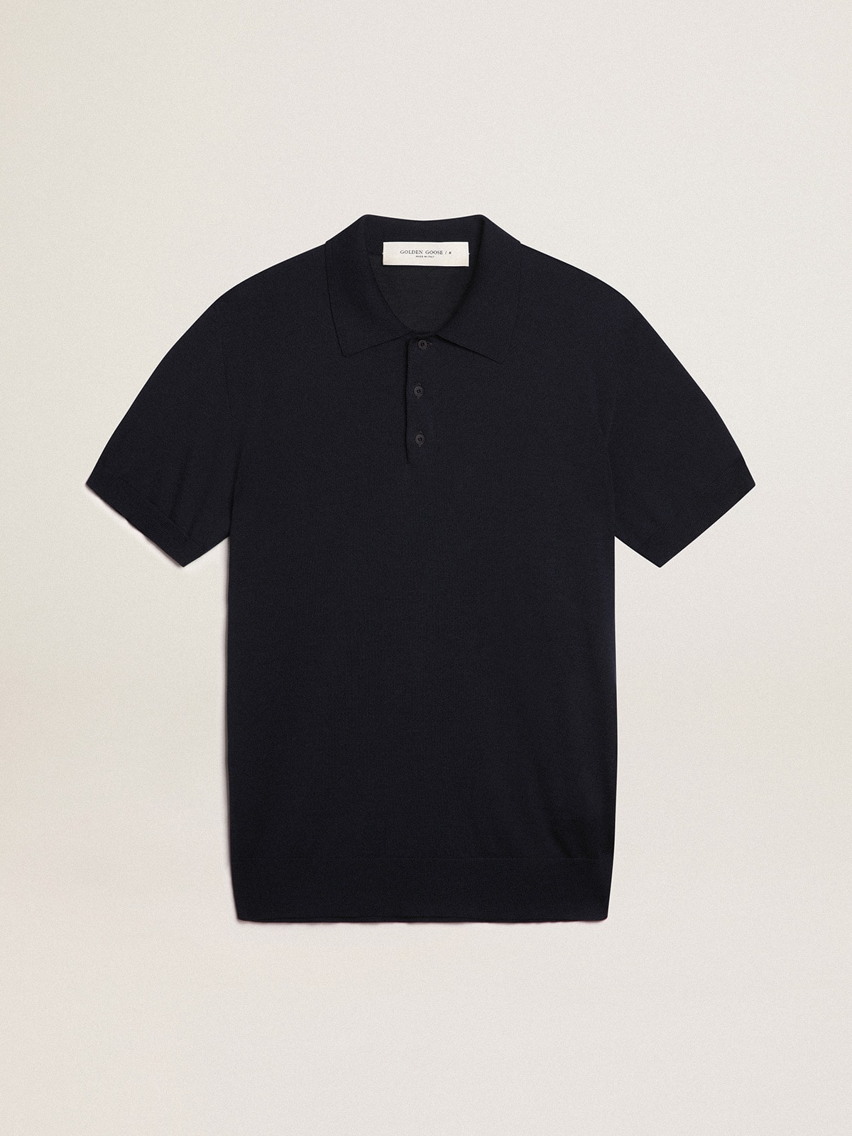 Men's short-sleeved polo shirt in navy-blue merino wool