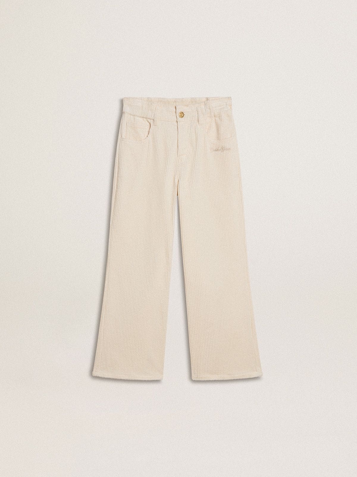 Girls' wide ribbed cream-colored trousers with embroidery