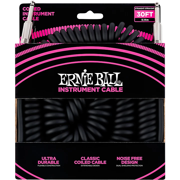 Coiled Straight Straight Instrument Cable Black 30 ft