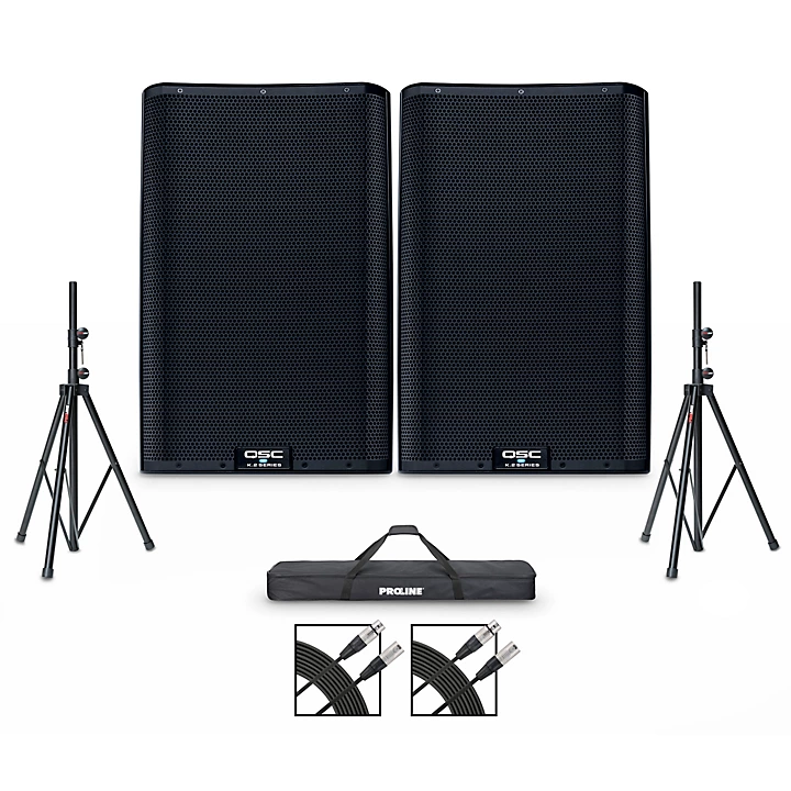 K122 Powered Speaker Pair With Cables and Stands