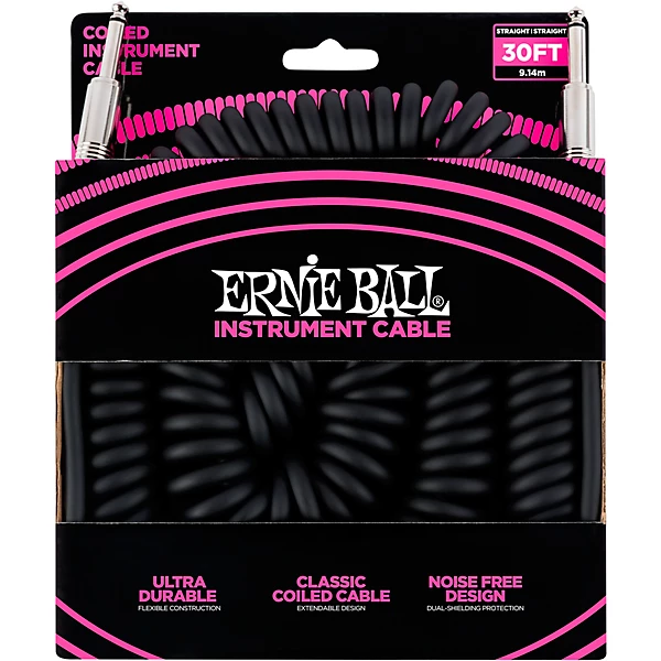 Coiled Straight Straight Instrument Cable Black 30 ft