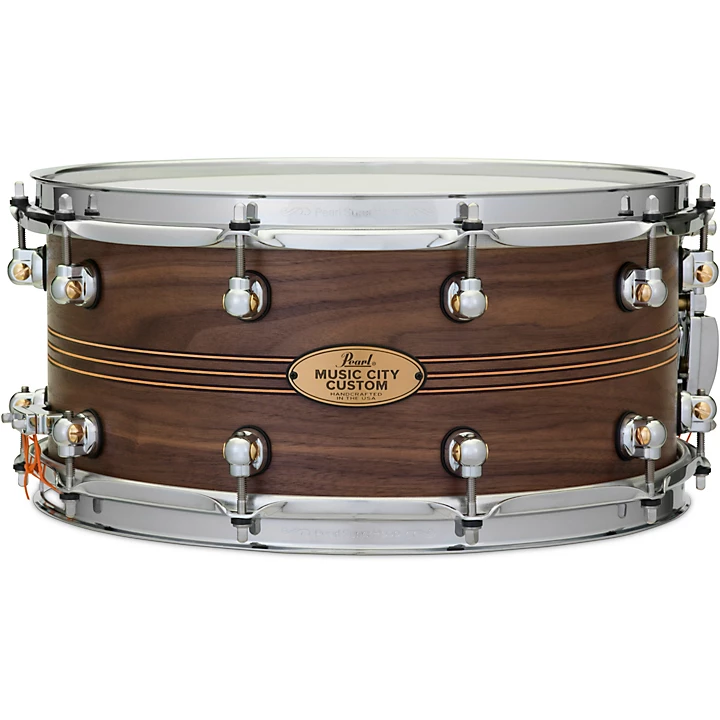 Music City Custom Solid Shell Snare Walnut with Boxwood Rose TriBand Inlay