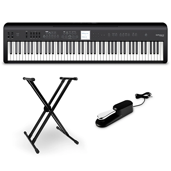 FP E50 Digital Piano With Double Brace X Stand and Sustain Pedal Black