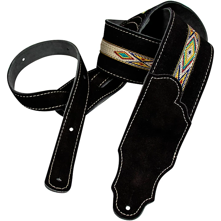 25 Leather Guitar Strap 25 Inch Black Suede Southwest Motif