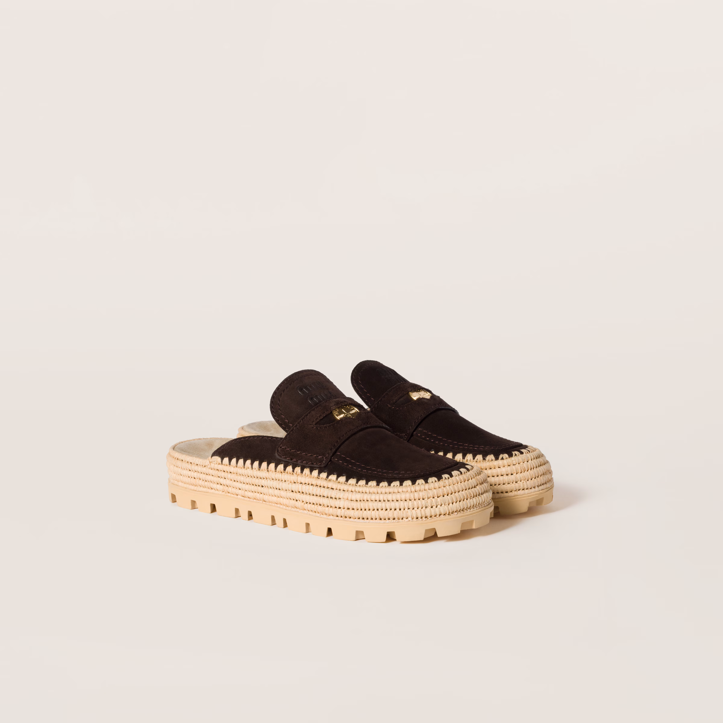 Suede And Raffia Flatform Mules