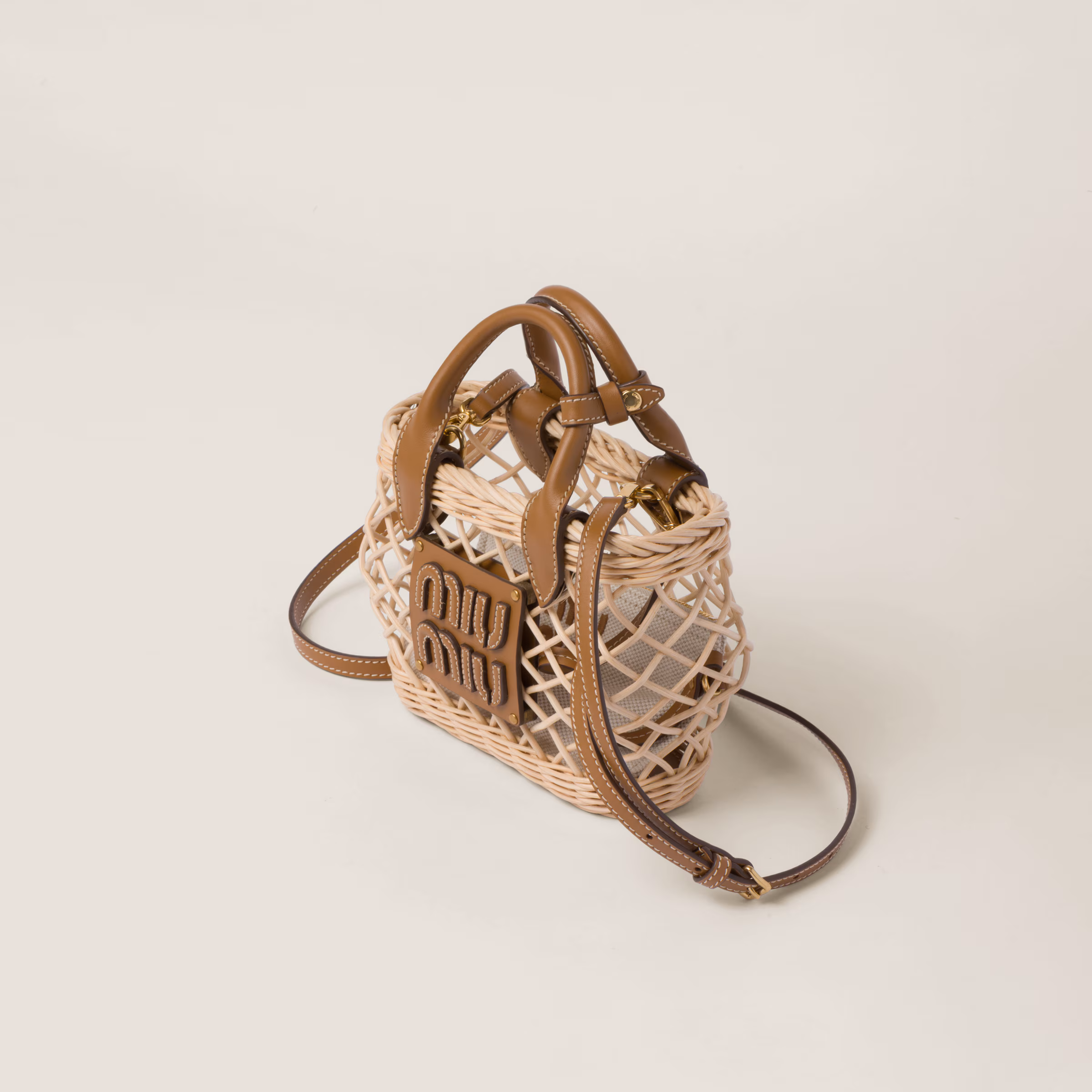 Woven Fabric Handbag With Leather Trim