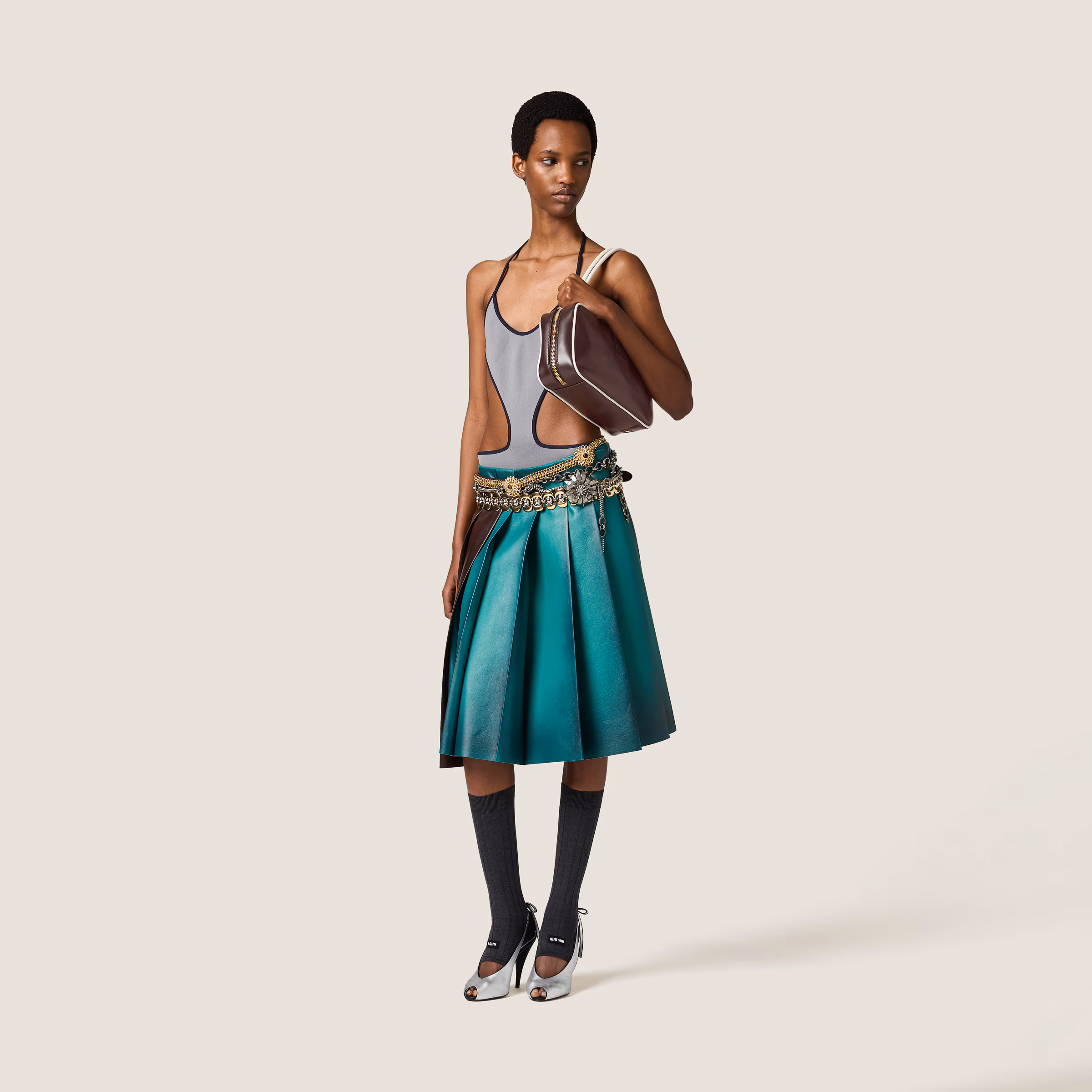 Pleated Nappa Leather Skirt