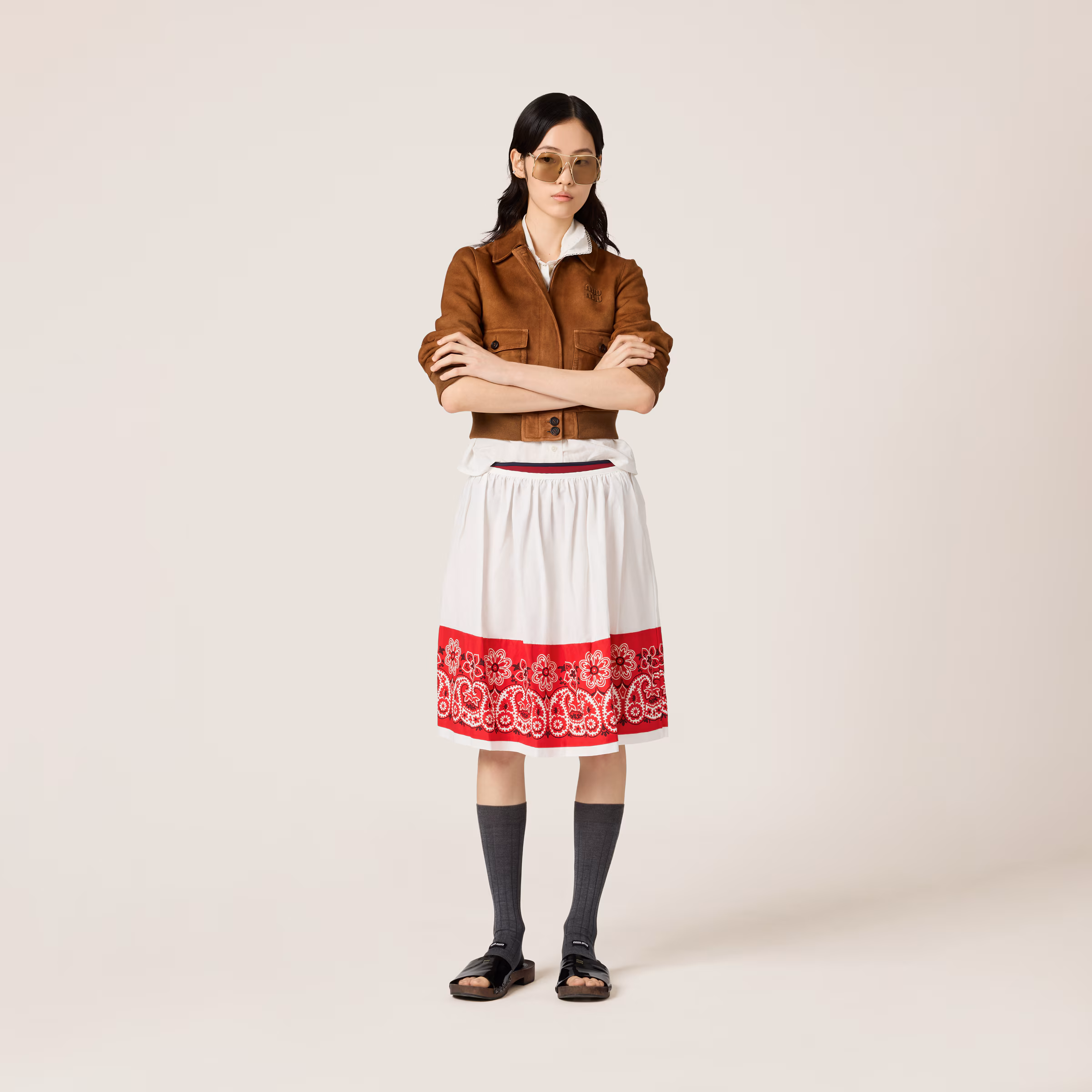 Slubbed Poplin Skirt With Print