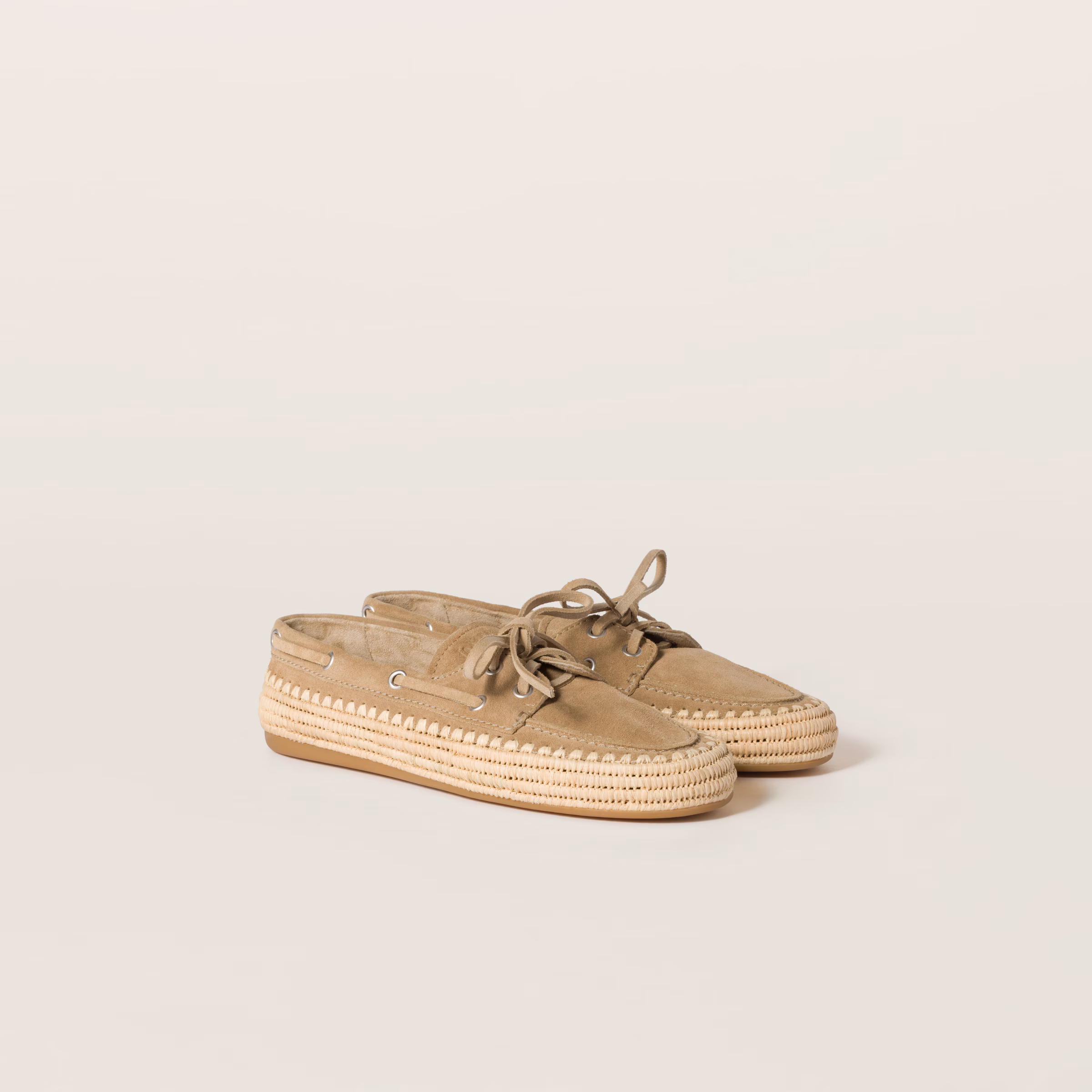 Suede And Raffia Boat Shoes
