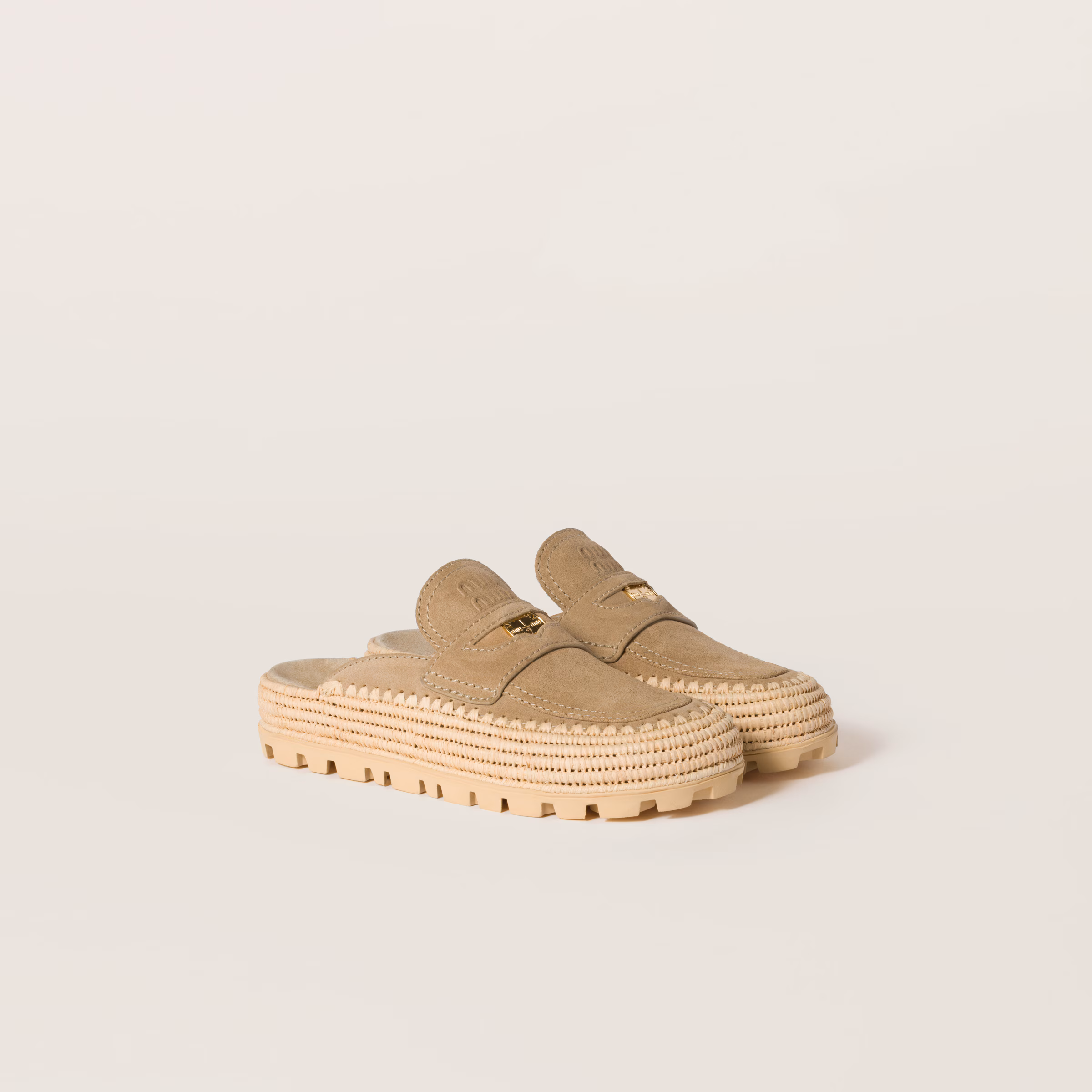 Suede And Raffia Flatform Mules