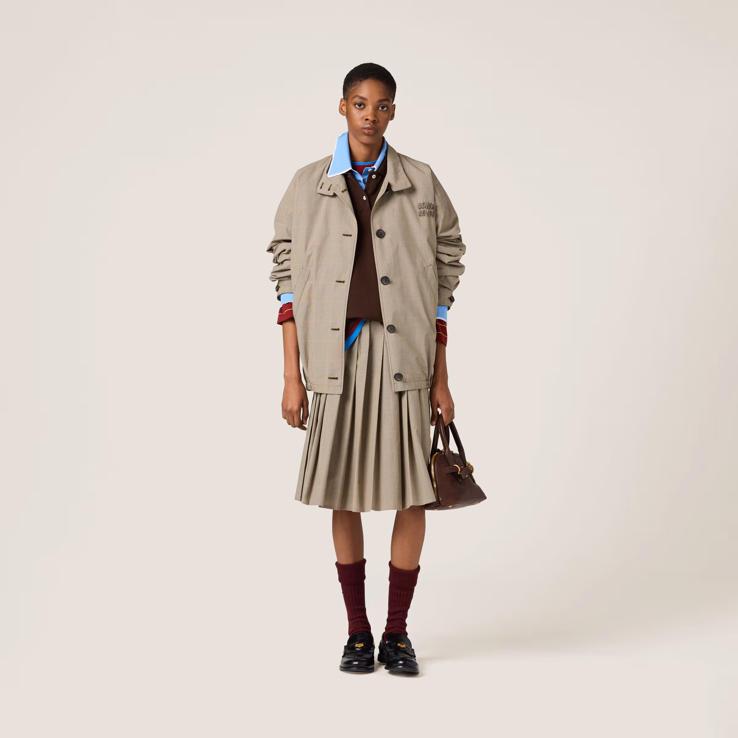 Pleated Checked Technical Fabric Midi-Skirt
