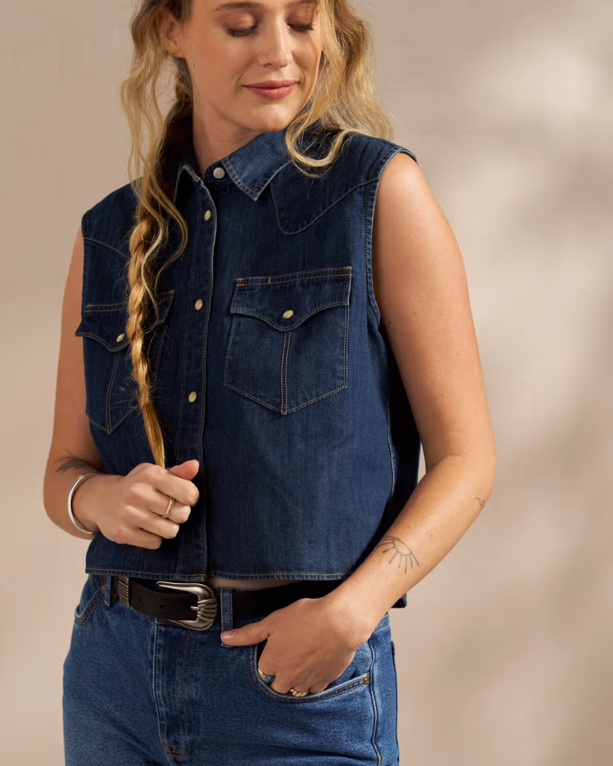 Women's Denim Pearl Snap Cutoff