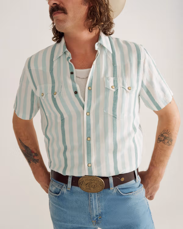 Men's Sawtooth Linen Short Sleeve Pearl Snap