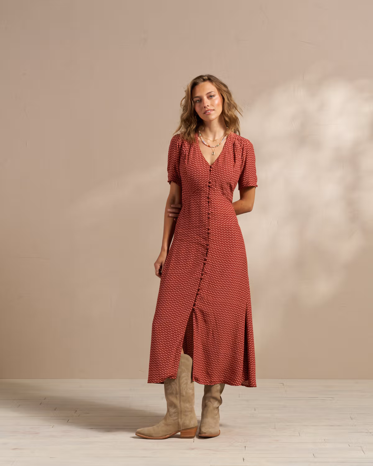 Women's Short Sleeve Button Front Midi Dress