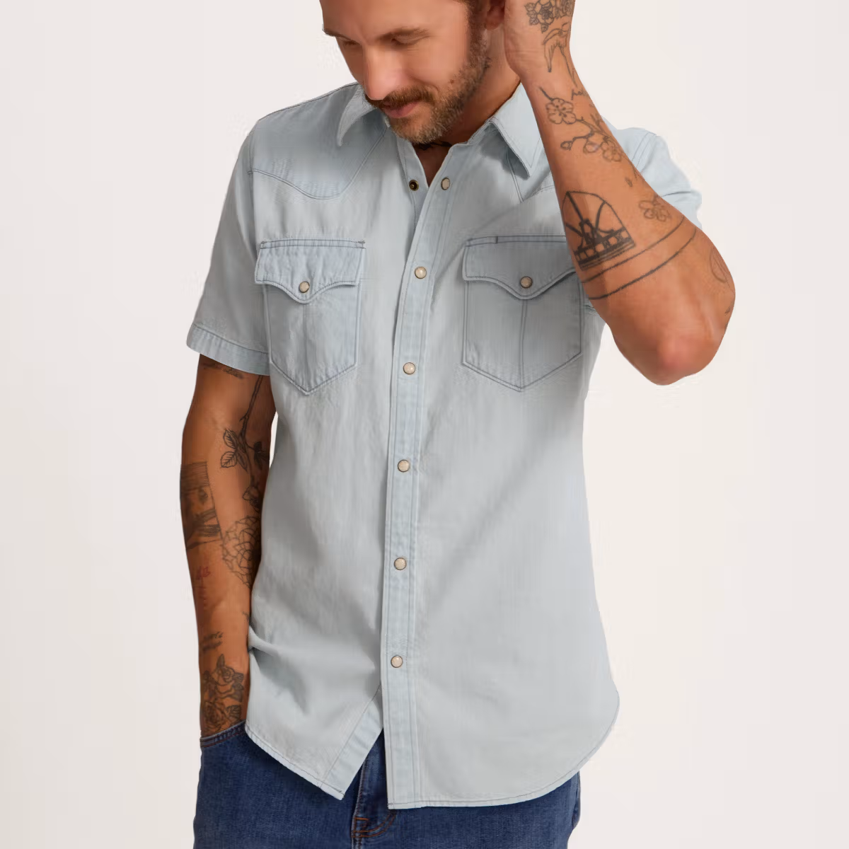 Men's Denim Short Sleeve Pearl Snap