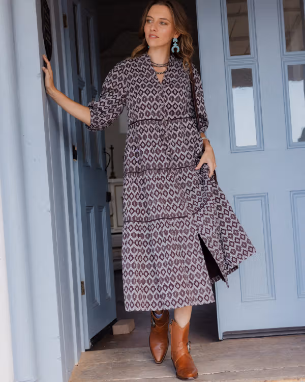 Women's 3/4 Sleeve Tiered Midi Dress