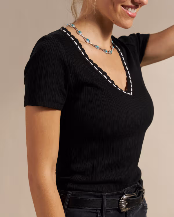 Women's Short Sleeve Ribbed V-Neck Tee