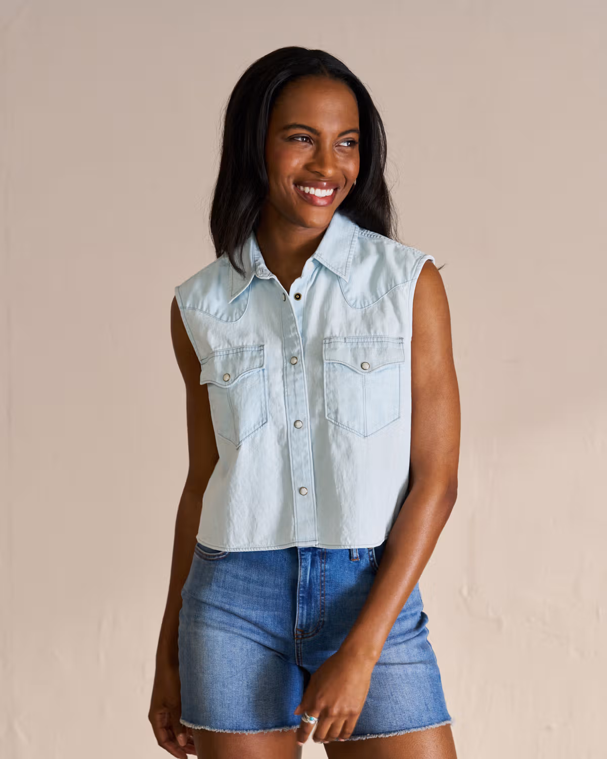 Women's Denim Pearl Snap Cutoff