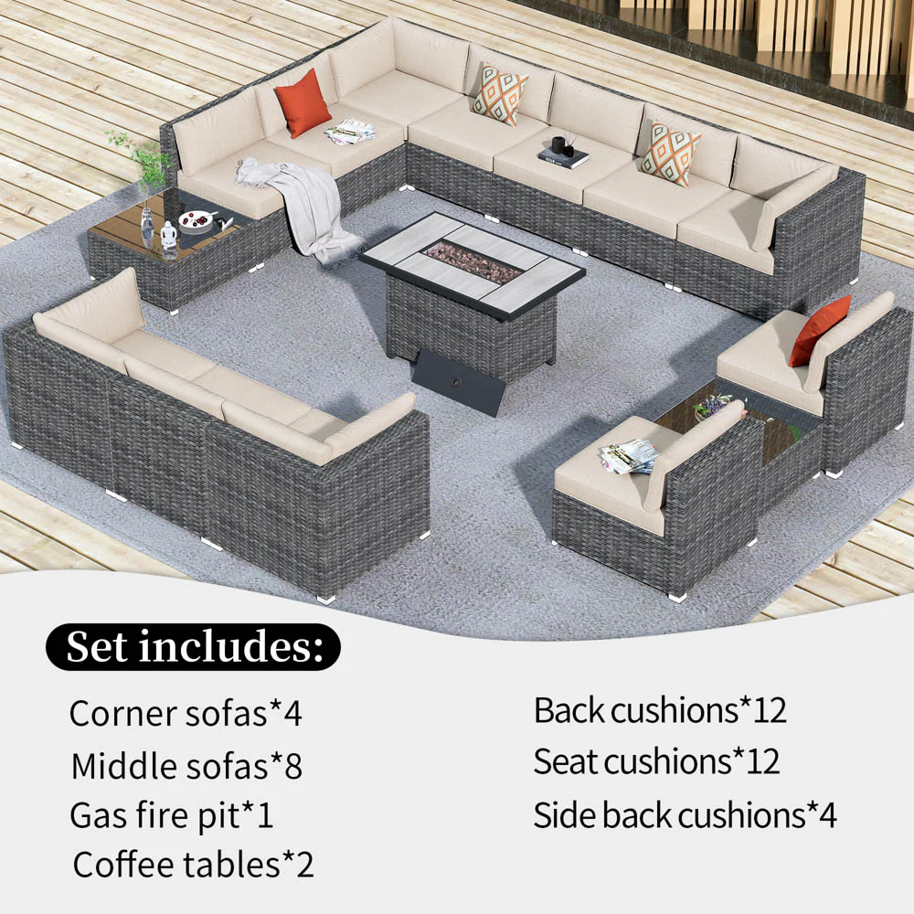 Ovios Patio Furniture Set 15-Piece with 42.12'' Fire Pit and Glass Table