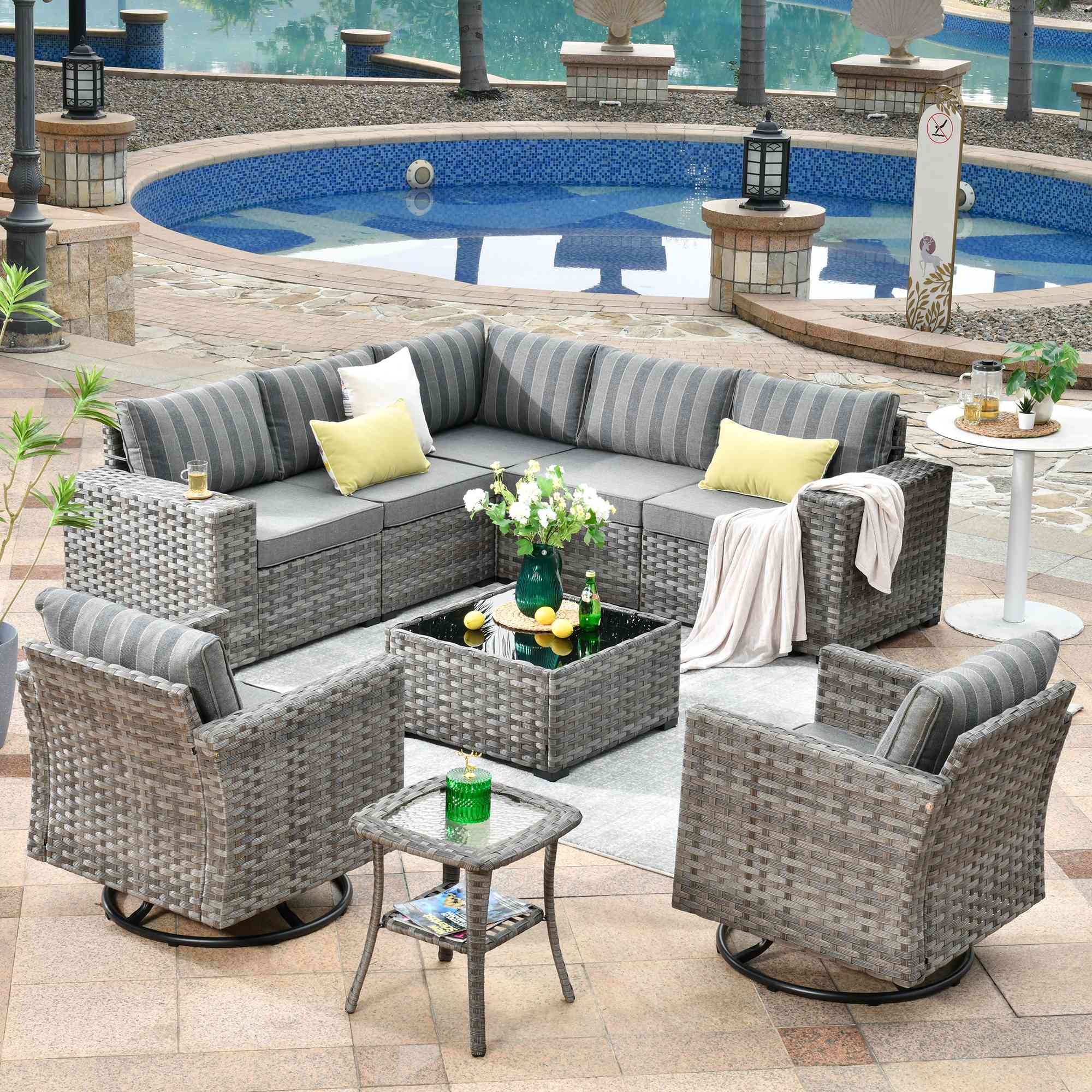 Ovios 9 Pieces Outdoor Furniture with 7.68'' Broad Handrails and Rocking Chair