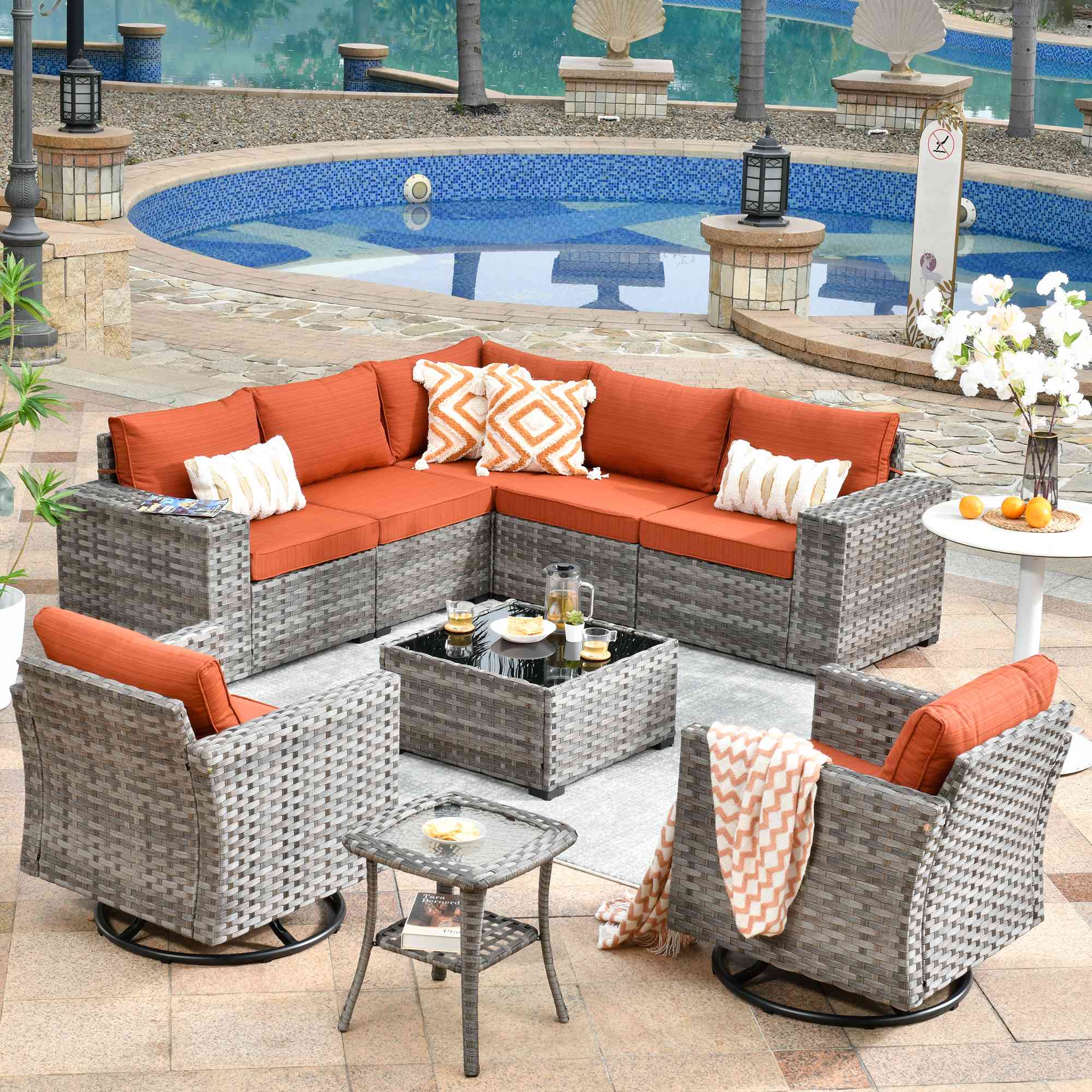 Ovios 9 Pieces Outdoor Furniture with 7.68'' Broad Handrails and Rocking Chair