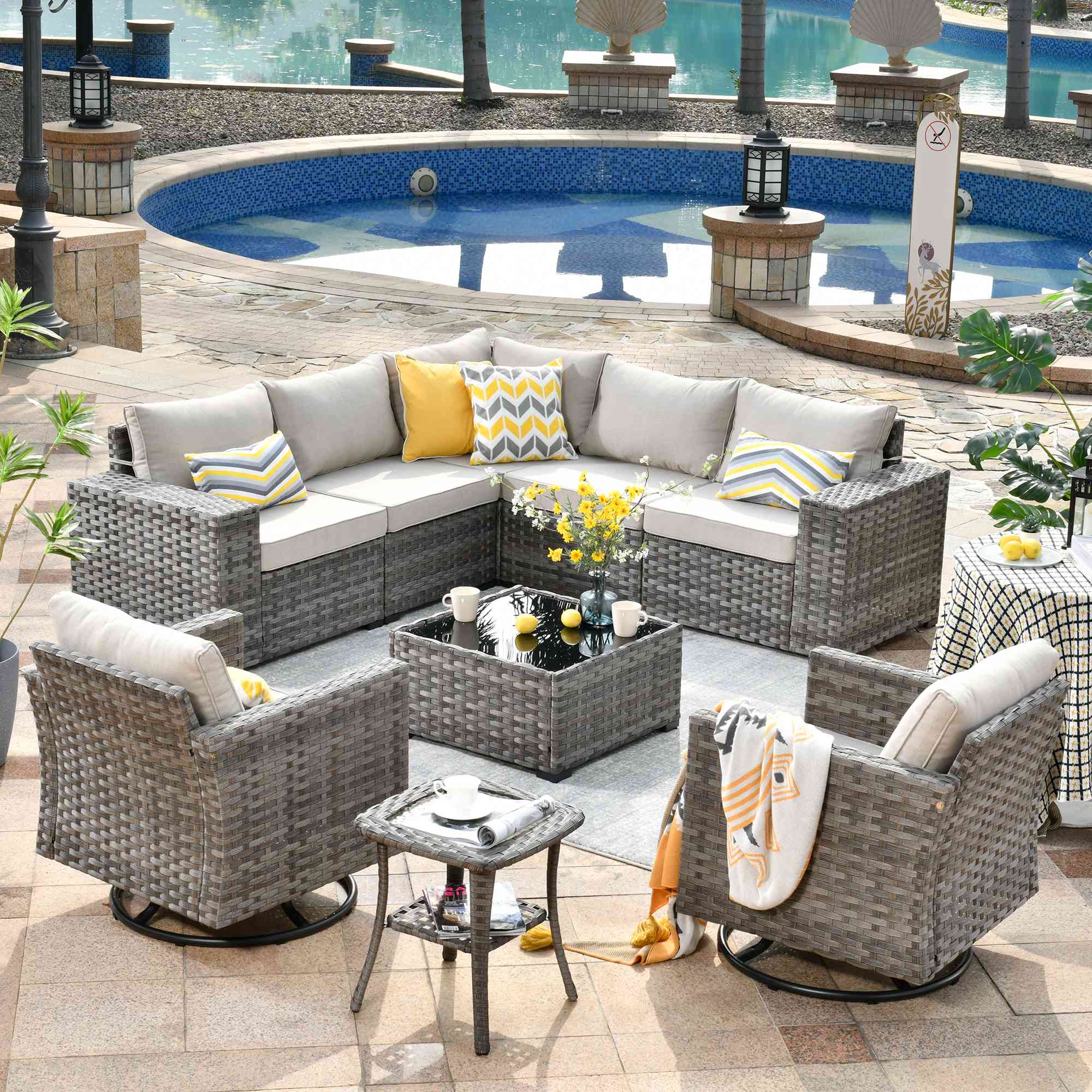 Ovios 9 Pieces Outdoor Furniture with 7.68'' Broad Handrails and Rocking Chair