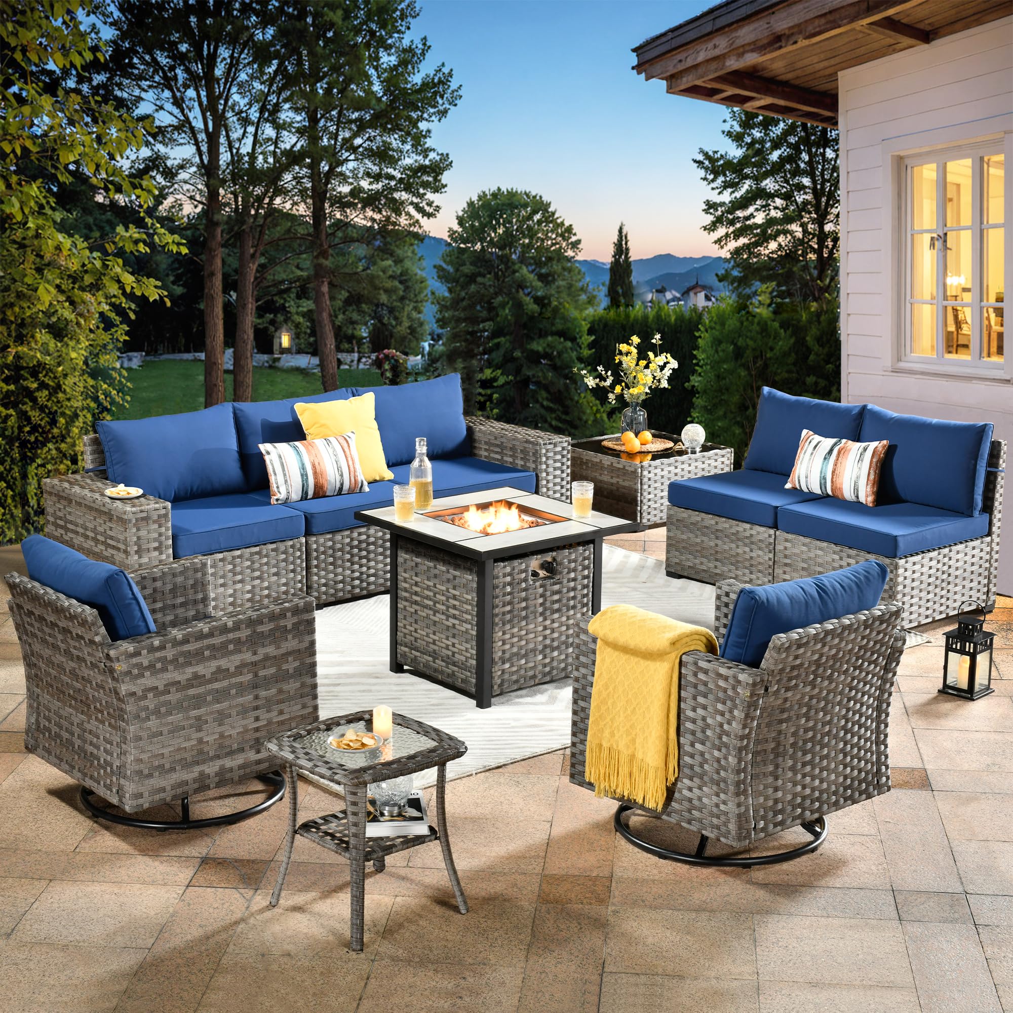 Ovios 10 Pieces Patio Furniture with 7.68'' Handrails and 30'' Fire Pit Table Rocking Chair