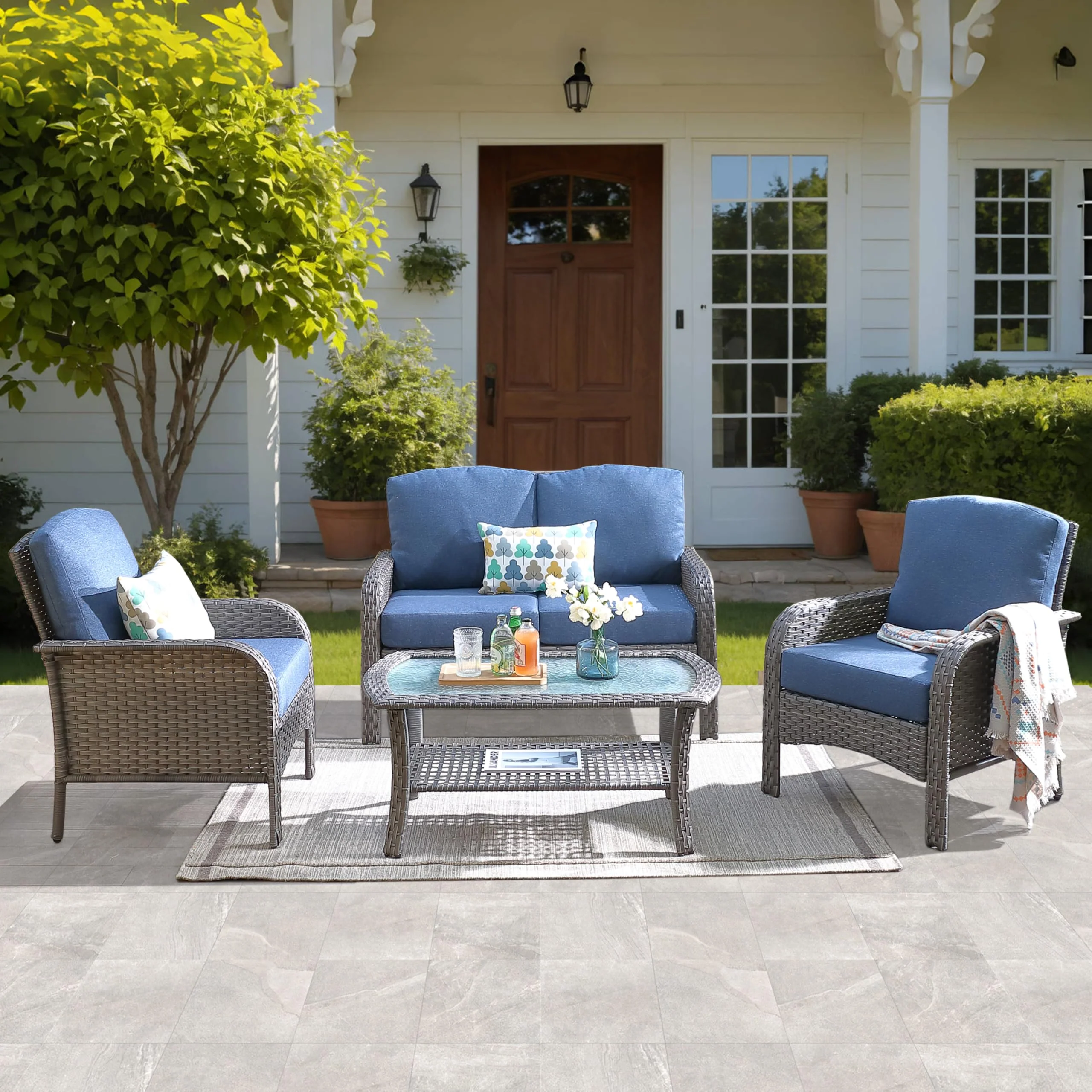 Ovios Patio Furniture Set New August 4 Piece High Back All Weather PE Wicker