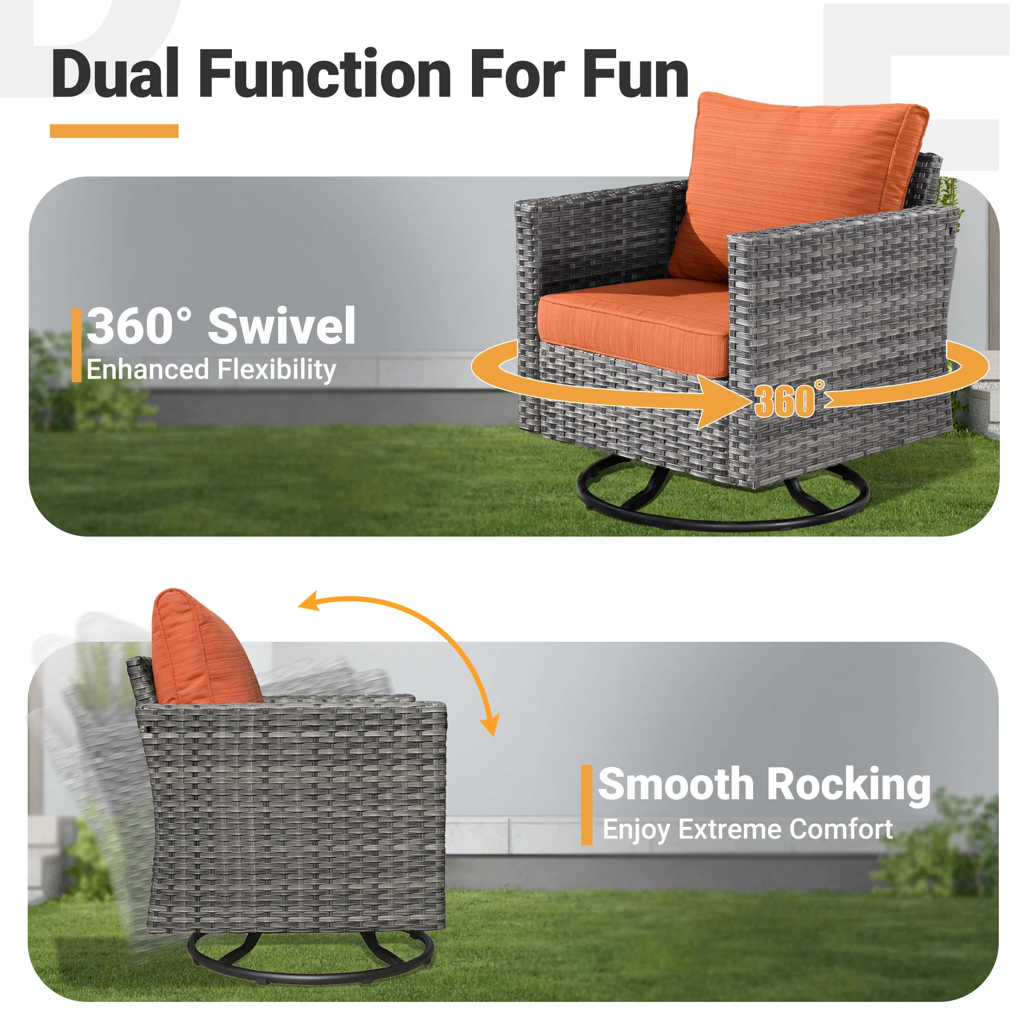 Ovios Patio Vultros 9-Piece Set with 2 Swivel Chairs and 30'' Propane Fire Pit Table