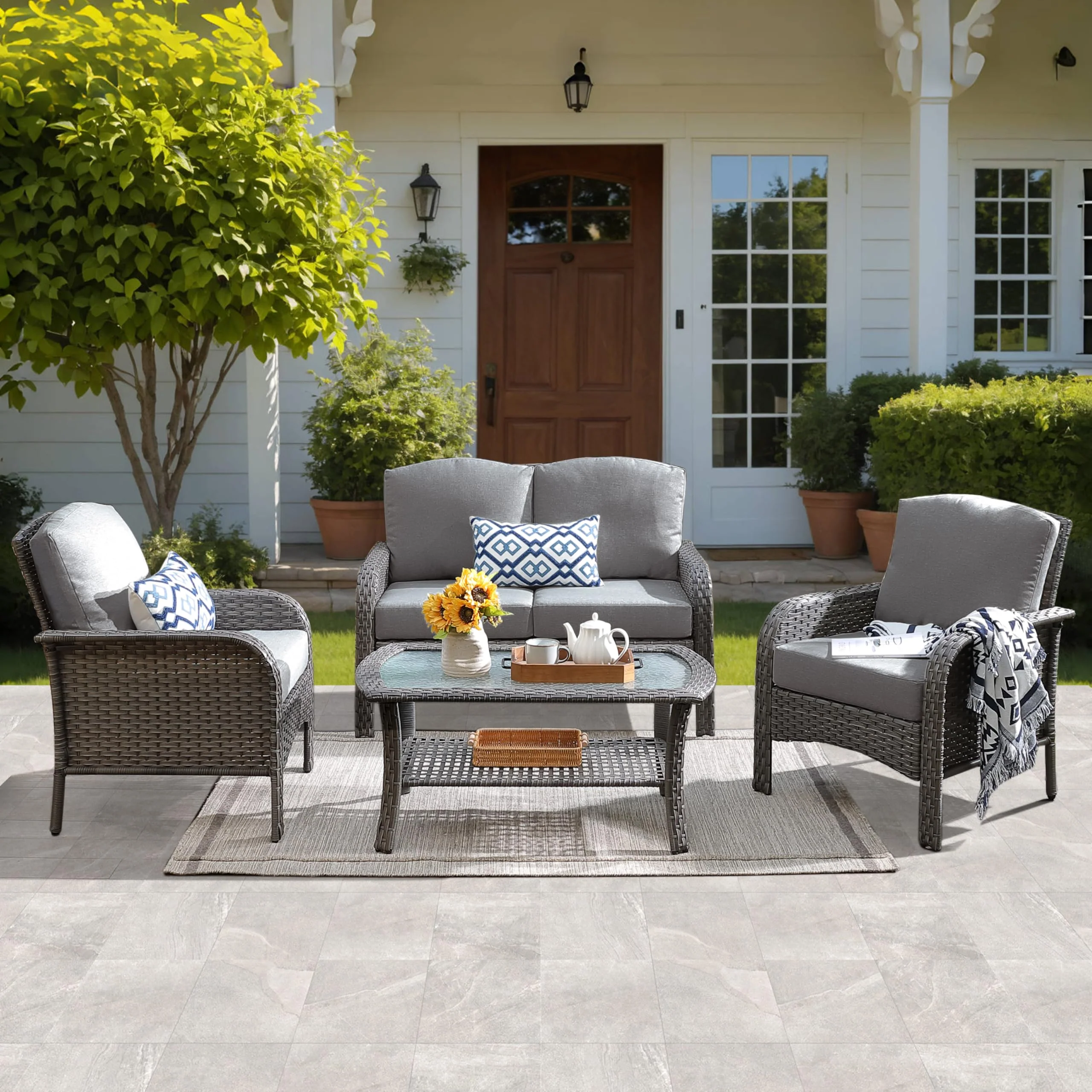Ovios Patio Furniture Set New August 4 Piece High Back All Weather PE Wicker