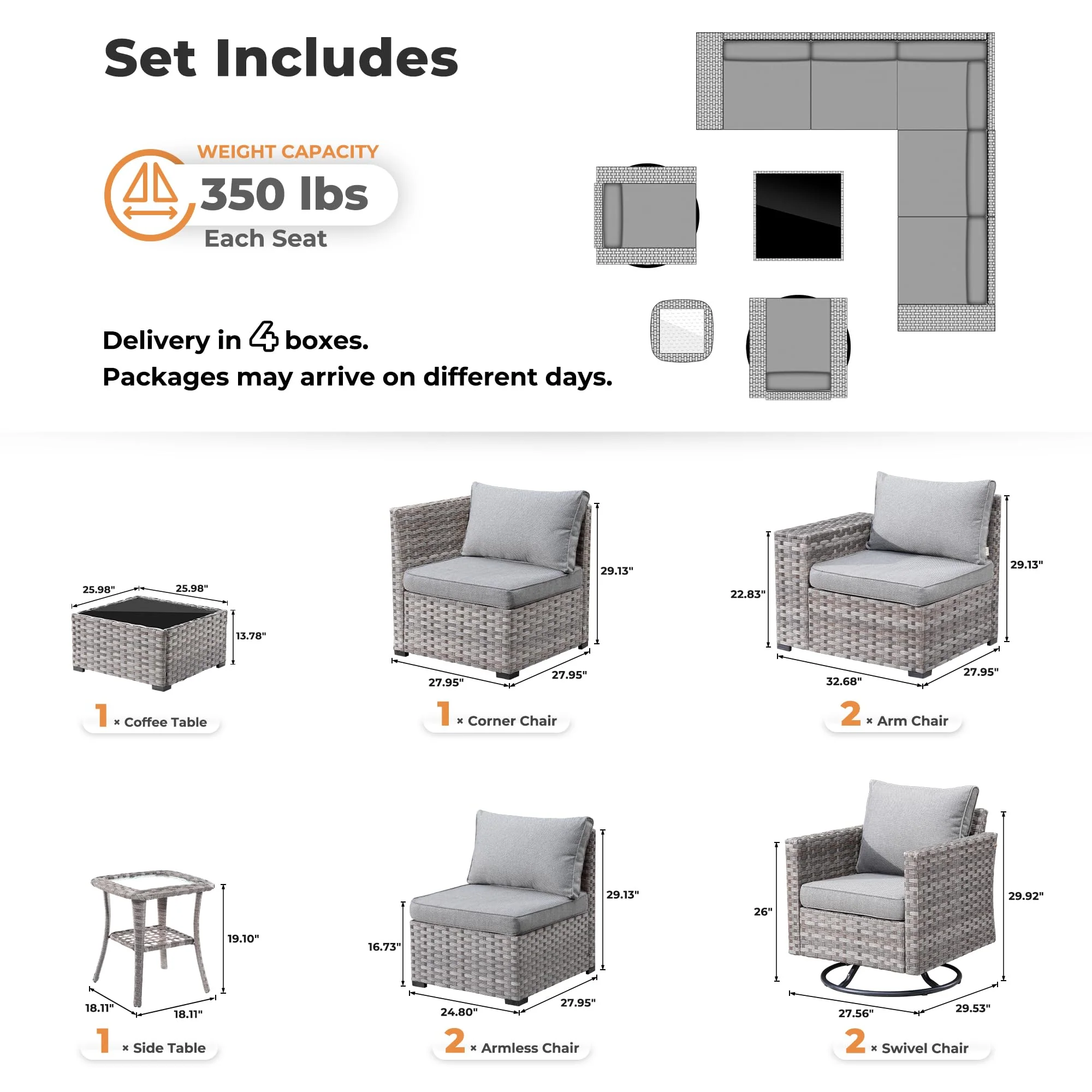 Ovios 9 Pieces Outdoor Furniture with 7.68'' Broad Handrails and Rocking Chair