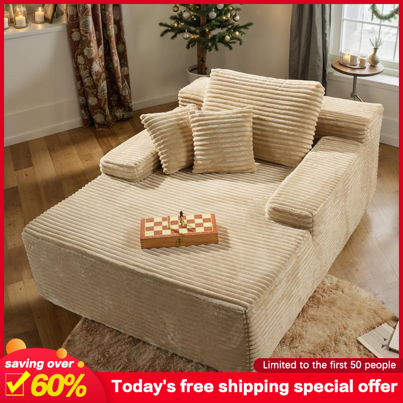 【Mother's Day gift】Ovios 49'' Boneless Chaise Lounge, Upholstered Sofa Bed with Throw Pillows and Armrests, Indoor Sleeper Chair- Luxurious Plush Corduroy Chair Bed for Living Room - No Assembly Required