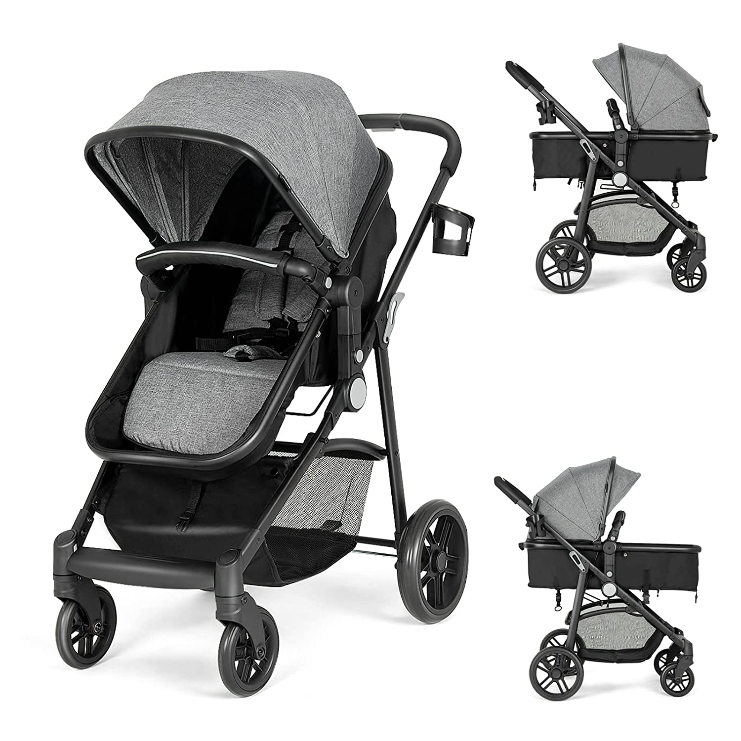 Baby Stroller, High Landscape Convertible Infant Bassinet Stroller, Adjustable Canopy & Backrest, Storage Basket, Cup Holder, Foldable Newborn Carriage Pram Stroller Pink)