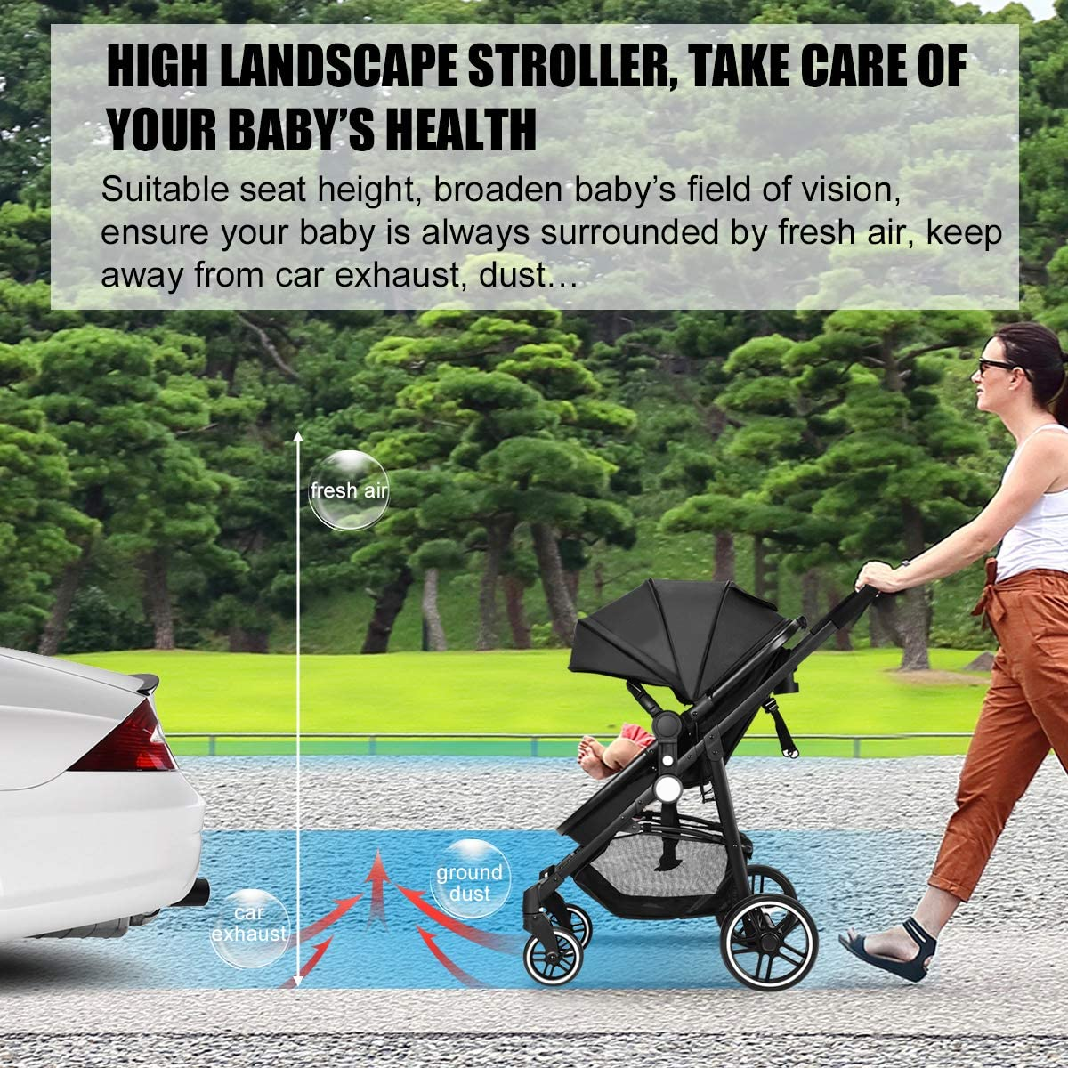 Baby Stroller, High Landscape Infant Stroller and Reversible Bassinet Pram, Foldable Pushchair with Adjustable Canopy, Cup Holder, Storage Basket, Suspension Wheels (Black)
