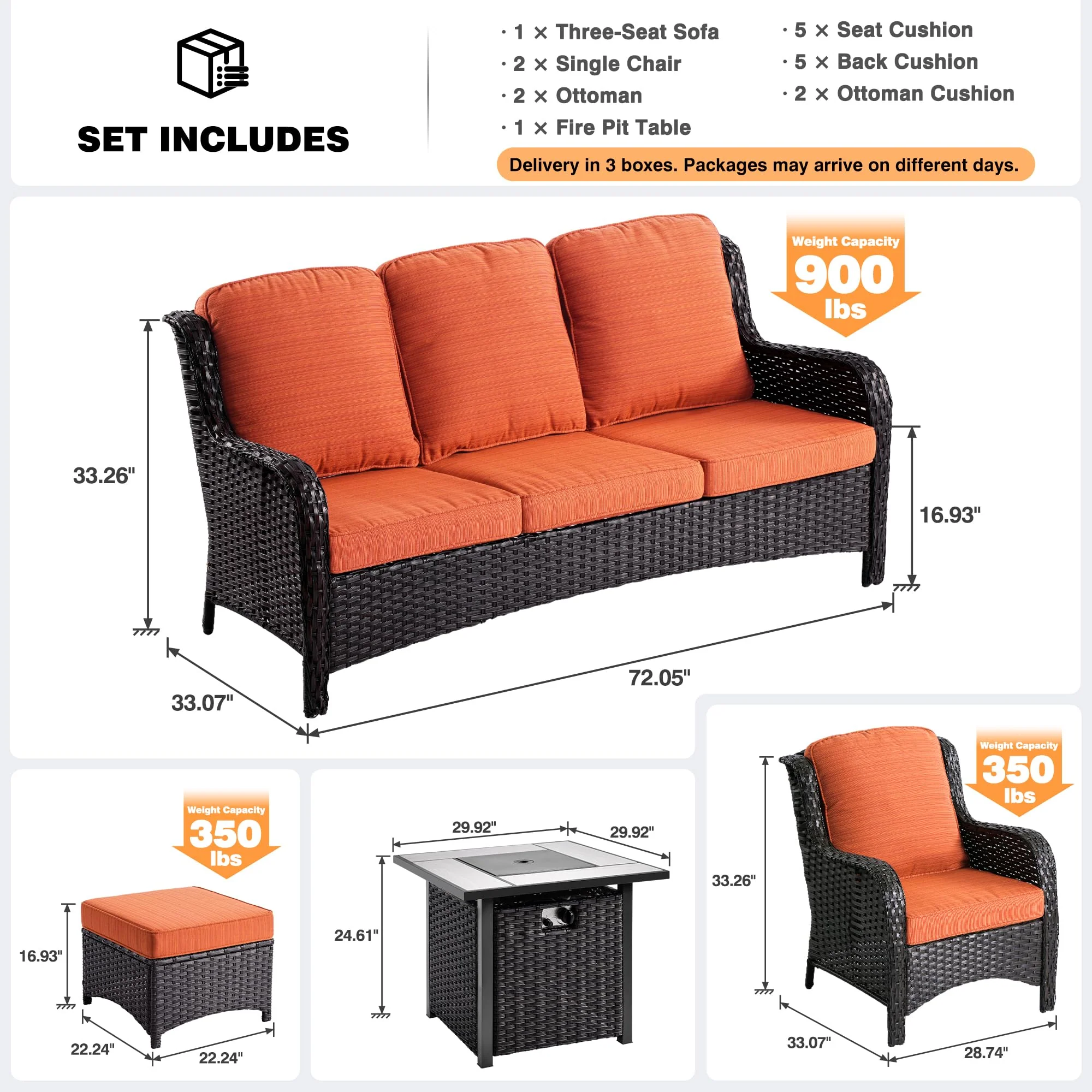 Ovios Patio Conversation Set 6-Piece with 30' Fire Pit Table and Kenard Set