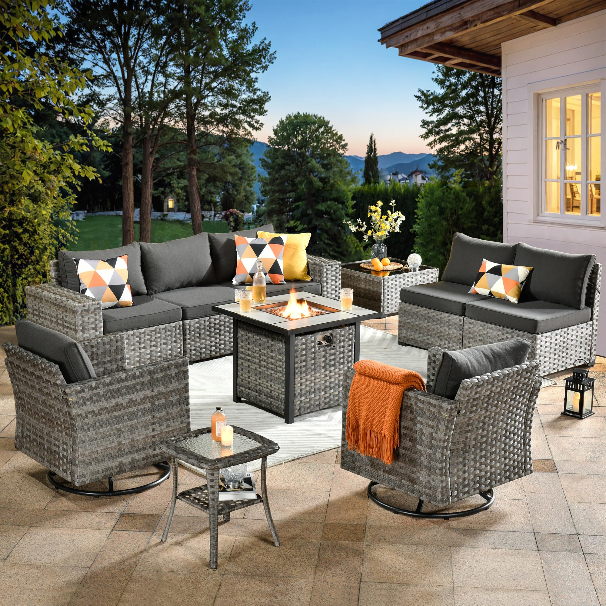 Ovios 10 Pieces Patio Furniture with 7.68'' Handrails and 30'' Fire Pit Table Rocking Chair