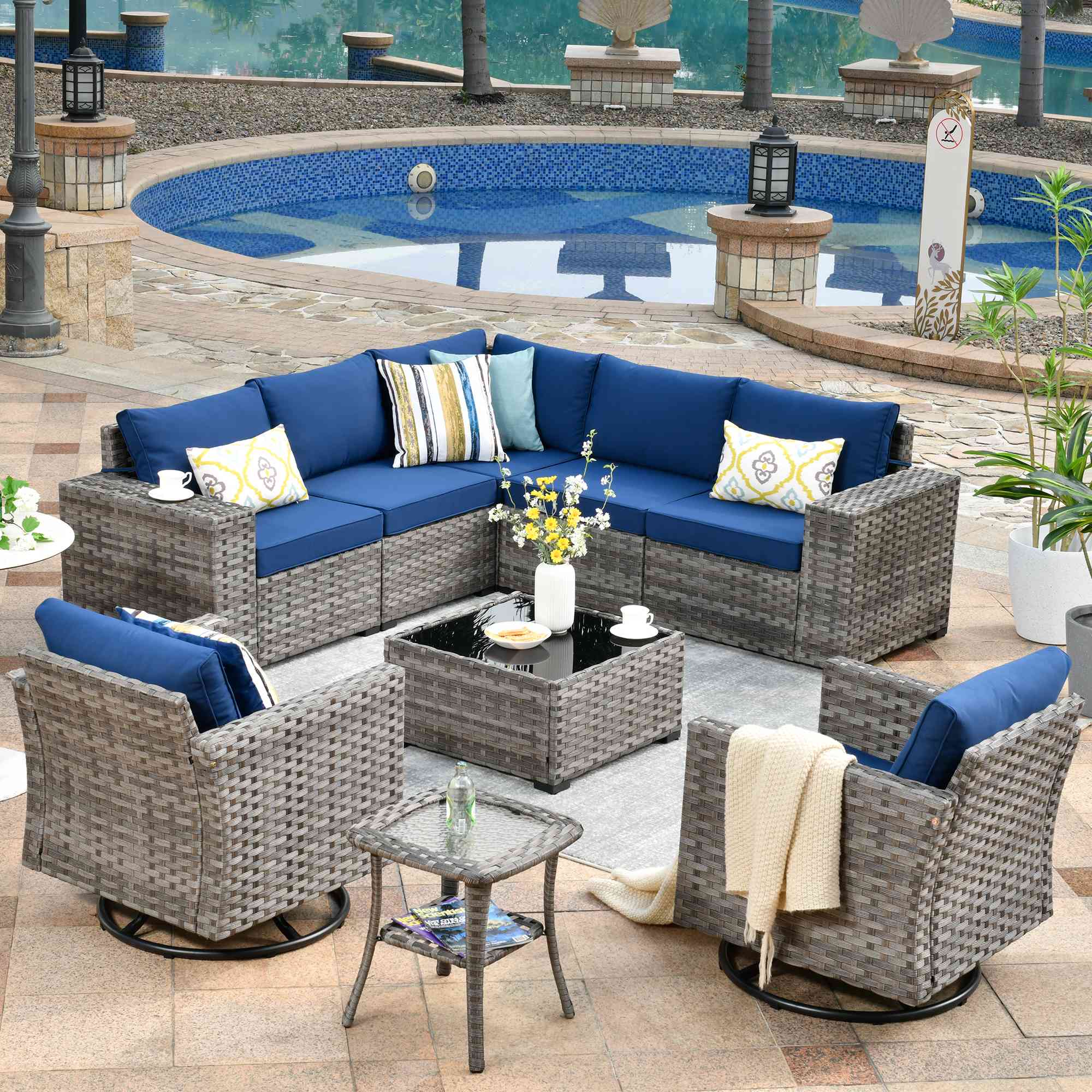 Ovios 9 Pieces Outdoor Furniture with 7.68'' Broad Handrails and Rocking Chair