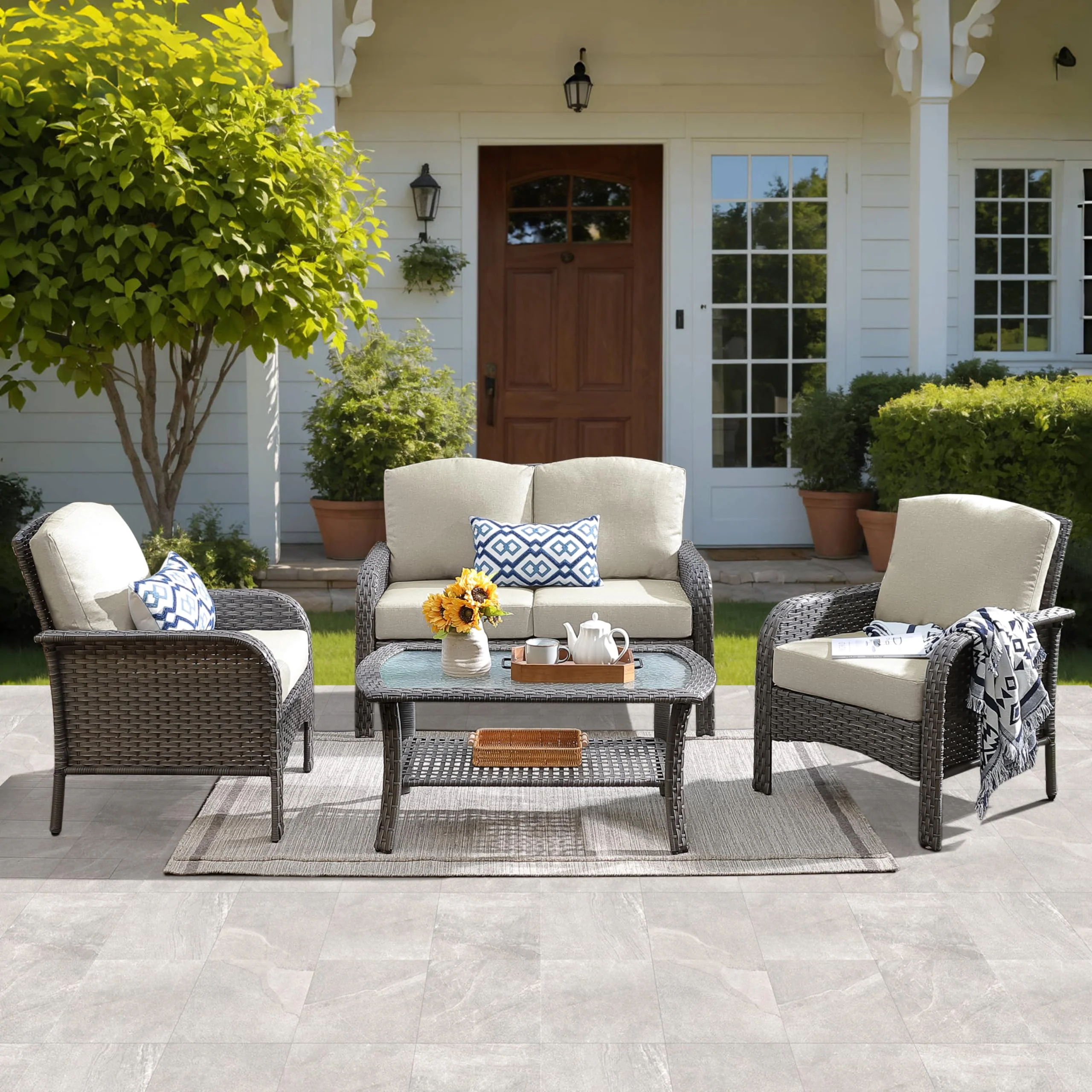 Ovios Patio Furniture Set New August 4 Piece High Back All Weather PE Wicker