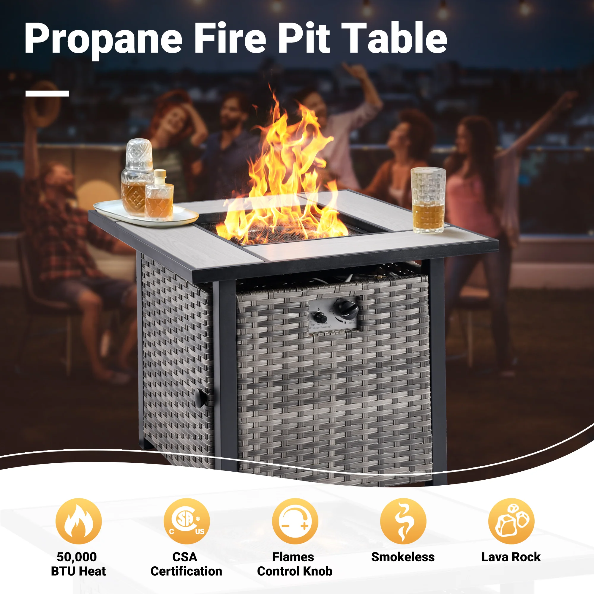 Ovios Patio Vultros 9-Piece Set with 2 Swivel Chairs and 30'' Propane Fire Pit Table