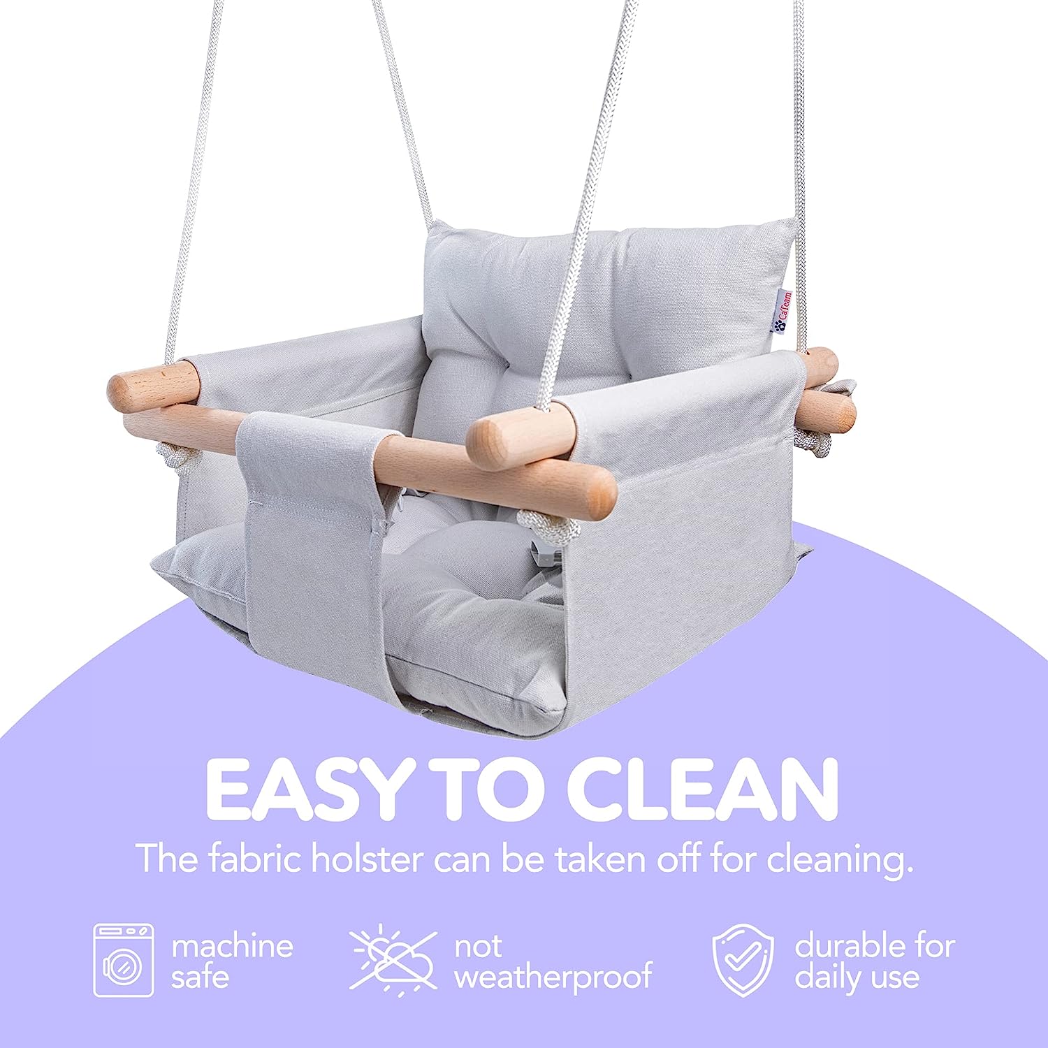 Canvas Baby Swing, Wooden Hanging Swing Seat Chair with Safety Belt, Durable Baby Hammock Chair, Outdoor and Indoor Swing for Kids, Mounting Hardware Included, Ivory