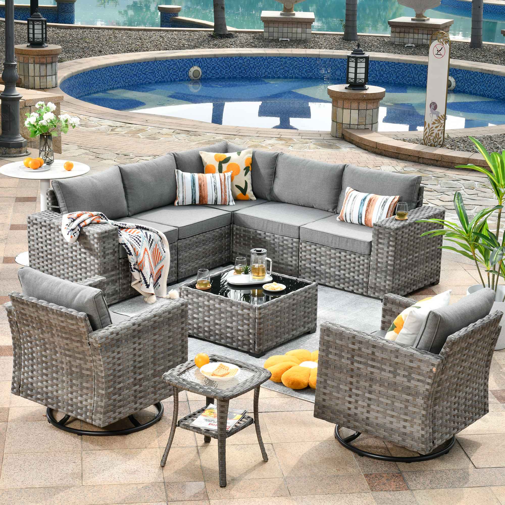 Ovios 9 Pieces Outdoor Furniture with 7.68'' Broad Handrails and Rocking Chair