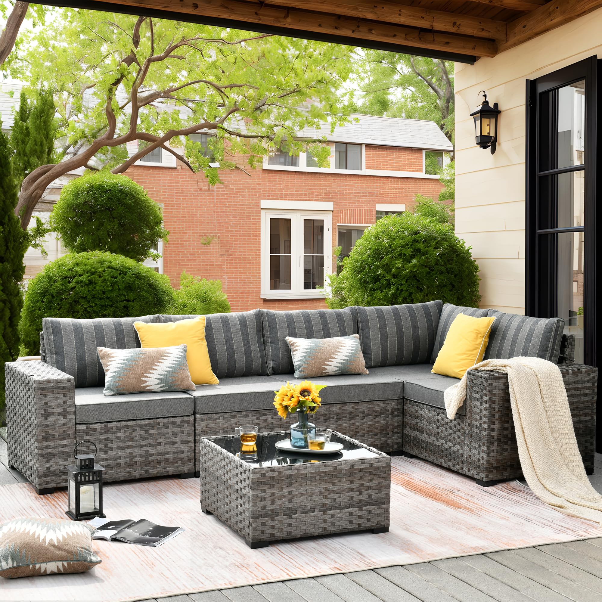 Ovios 6 Pieces Outdoor Sectional Sofa with 7.68'' Broad Handrails