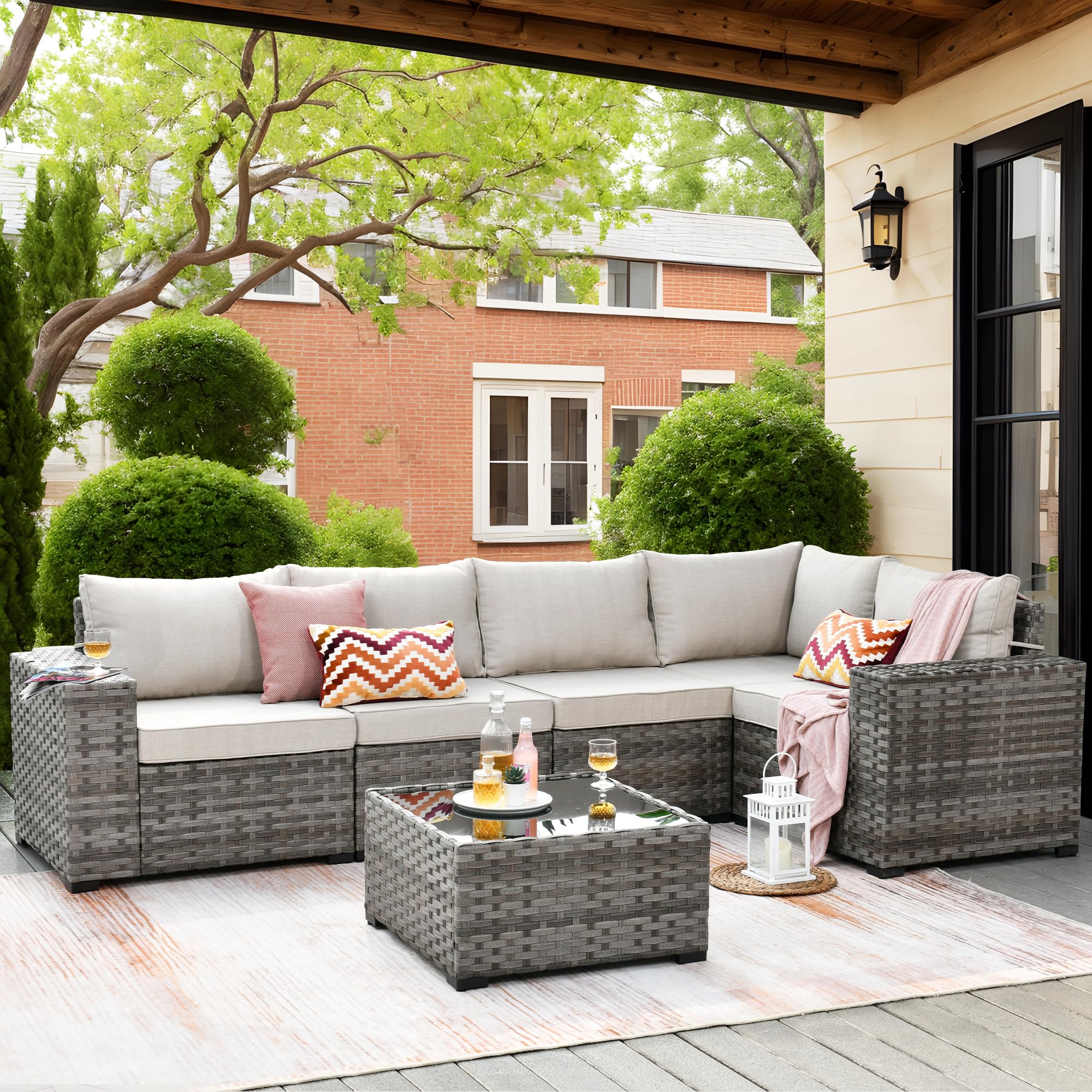 Ovios 6 Pieces Outdoor Sectional Sofa with 7.68'' Broad Handrails