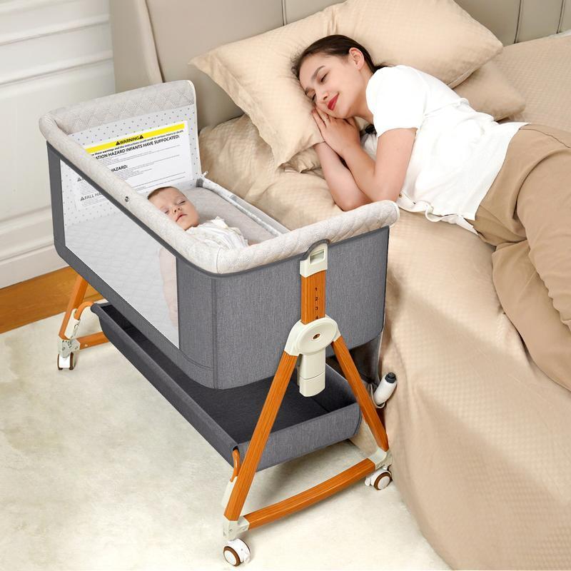 Baby Bassinet Sleeper, 6 Height Adjustable Cribs,Easy to Fold Portable Crib Side Bassinet, SwingCradle Bed Side Sleeper with VentilatedNet&Wheels
