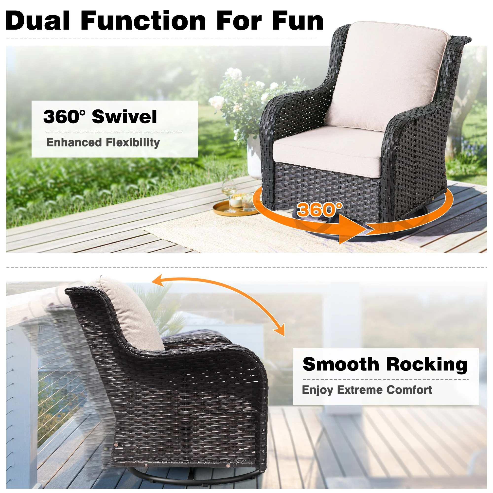 Ovios Outdoor Furniture 9-Piece with 30'' Fire Pit Table and Kenard 2 Rocking Chairs