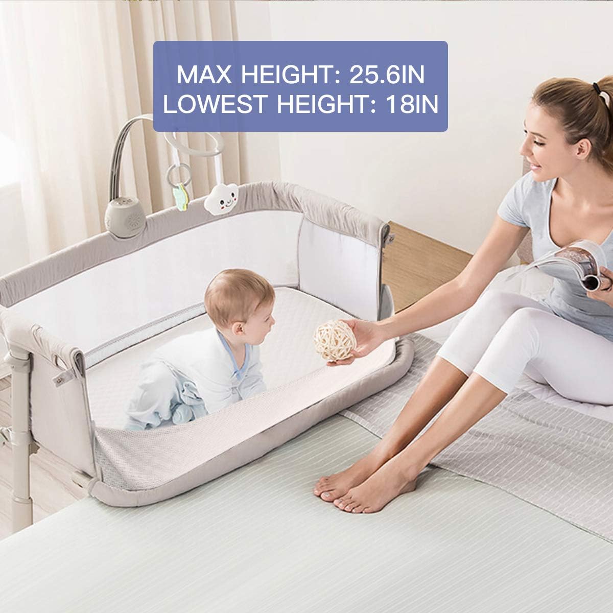 Baby Bedside Baby Bassinet, Best Bed Cribs for Infant Newborn, Portable Sleeper for Safer Co-Sleeping, Bed Crib Plus Hanging Figurine, Music, and Built-in Wheels - Girl Boy Unisex