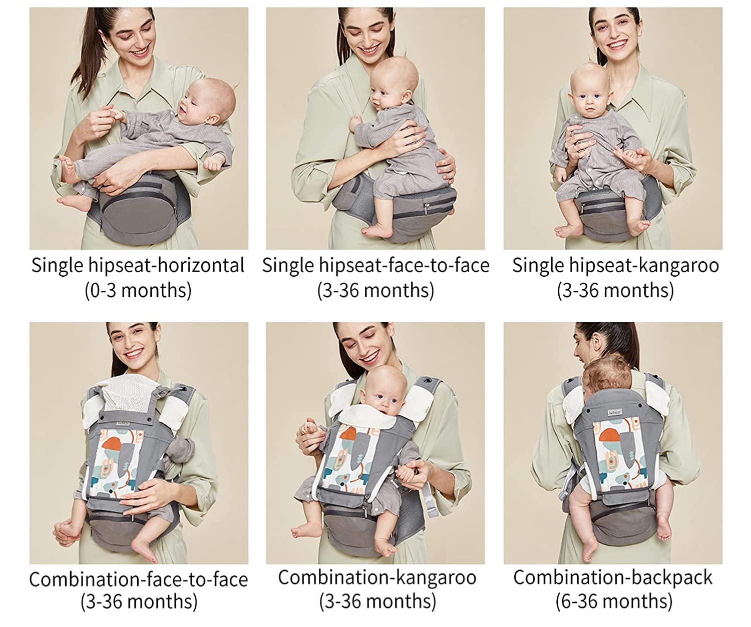 Baby Carrier Newborn to Toddler Baby Hip Carrier with Head Hood,Waist Extender & 3 Pieces Teething Pads (Grey)
