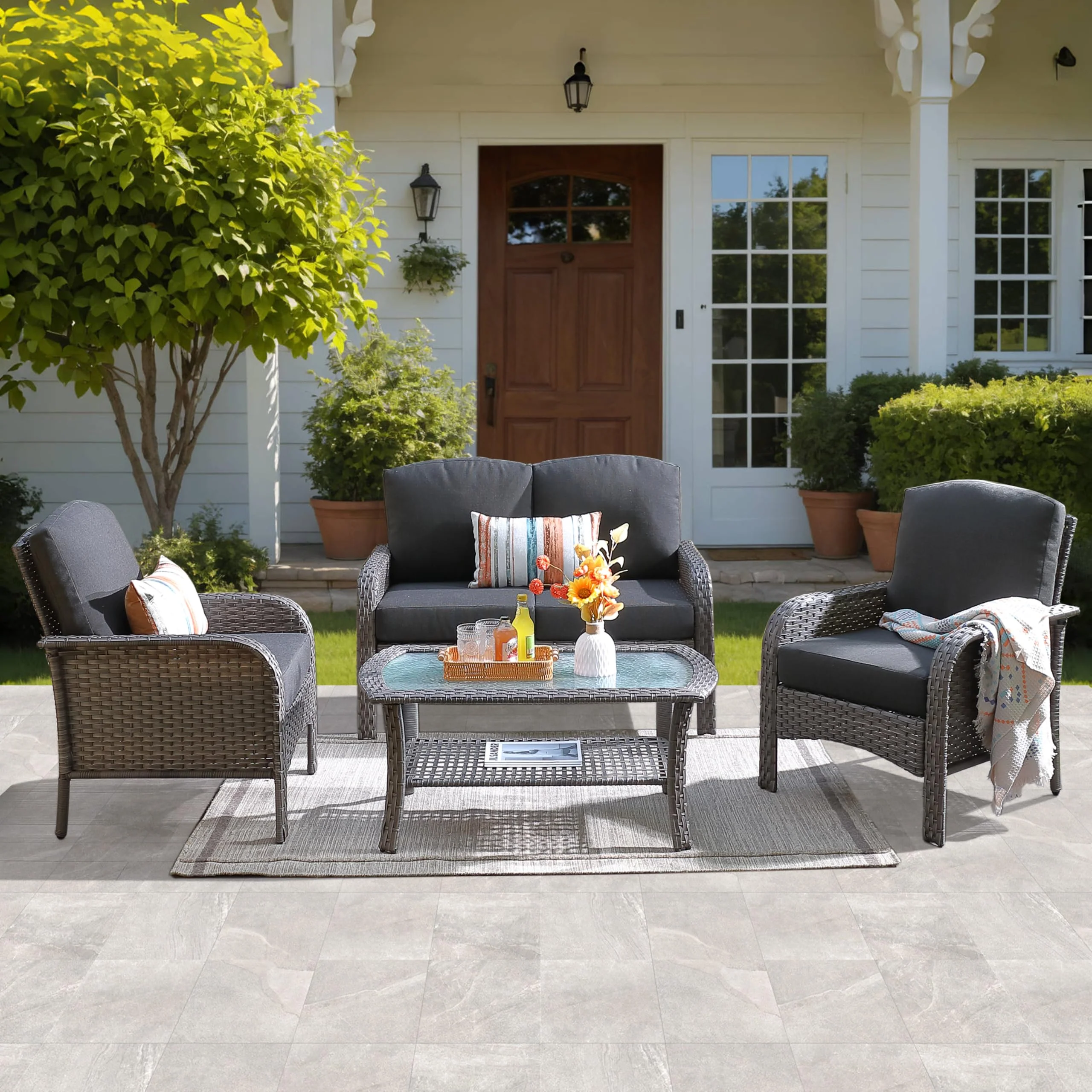 Ovios Patio Furniture Set New August 4 Piece High Back All Weather PE Wicker