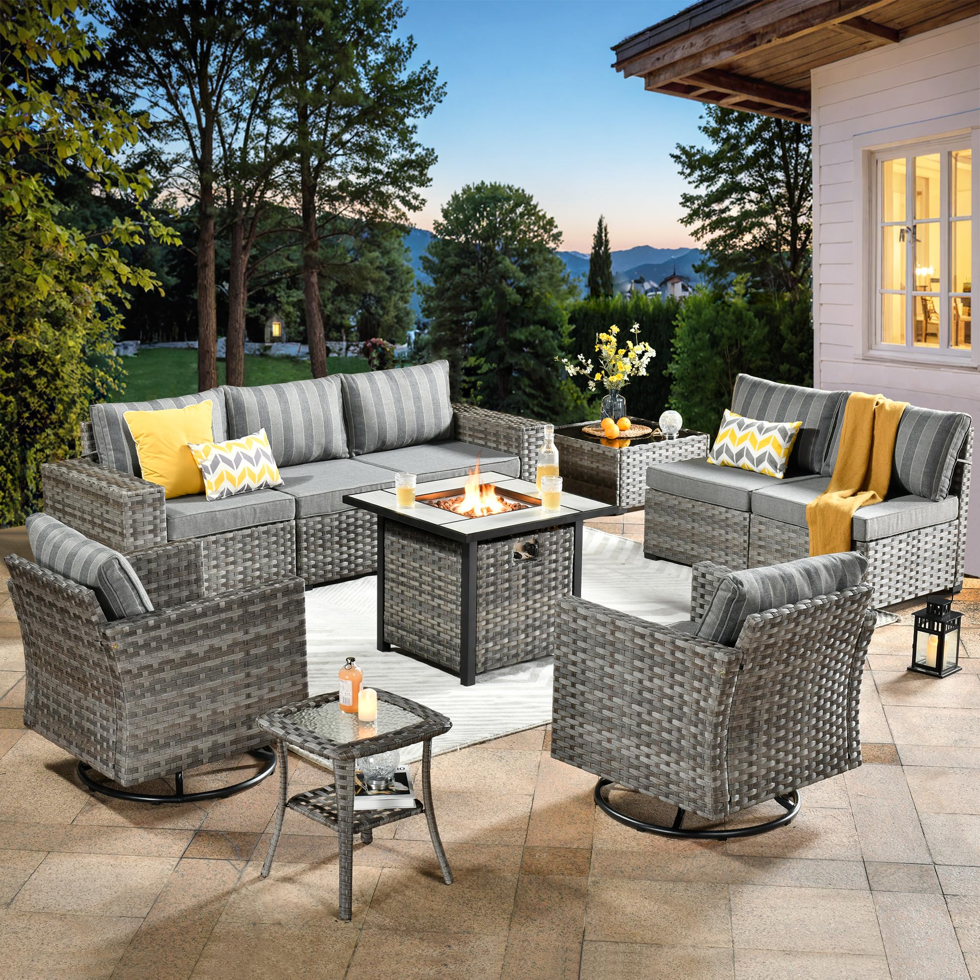 Ovios 10 Pieces Patio Furniture with 7.68'' Handrails and 30'' Fire Pit Table Rocking Chair