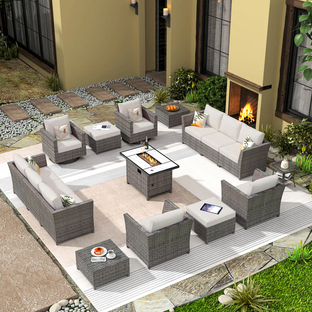 Ovios New Rimaru Series Patio Furniture Set 15-Piece include Swivel Chairs and 42
